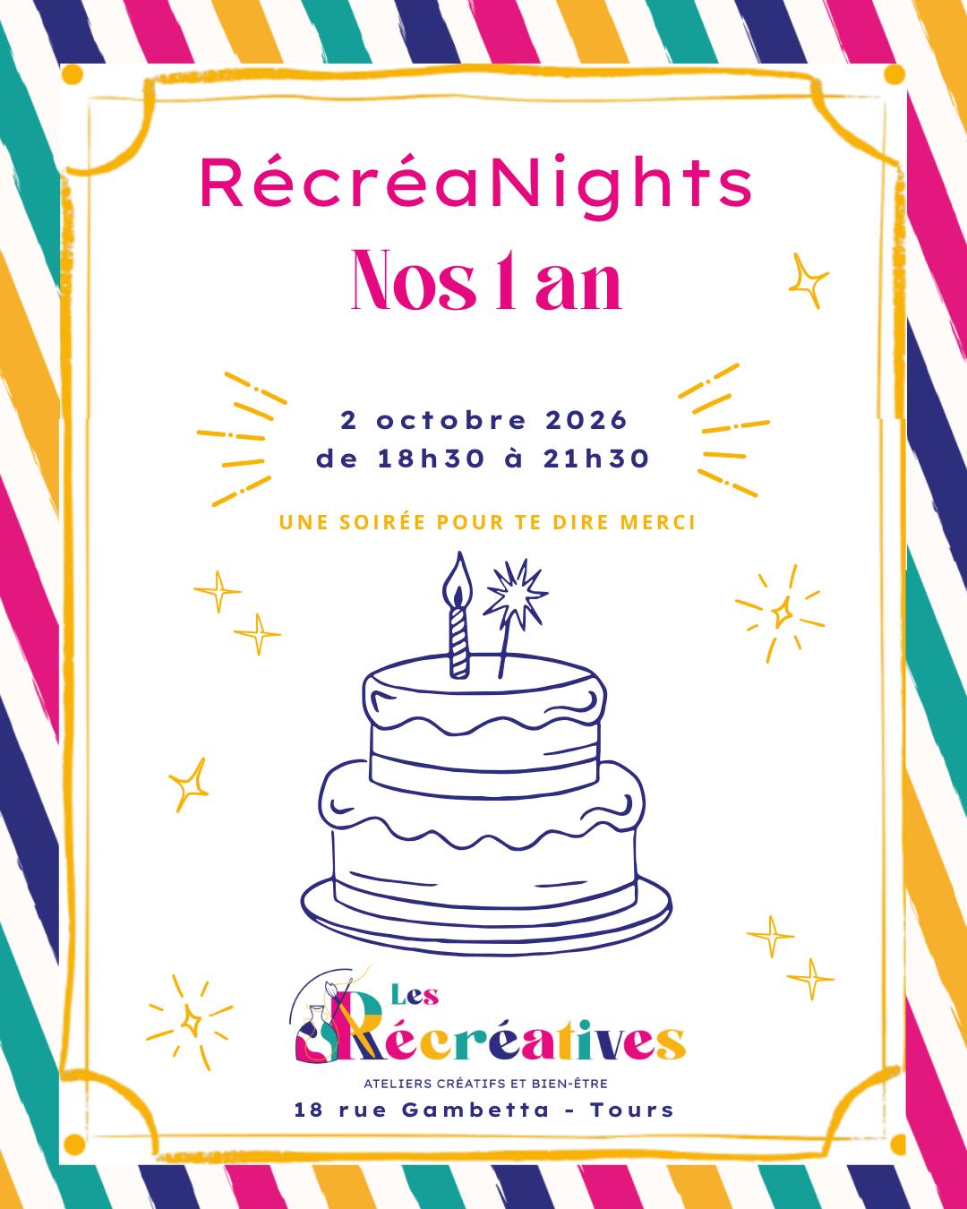 Viens fêter avec nous ce premier anniversaire lors de cette RécréaNight spéciale !
Une soirée peinture sur céramique unique avec des gourmandises à savourer et plein de belles surprises !
Alors ça te tente ?
📍18 rue Gambetta
📆 vendredi 2 octobre à 18h30
💵39 €