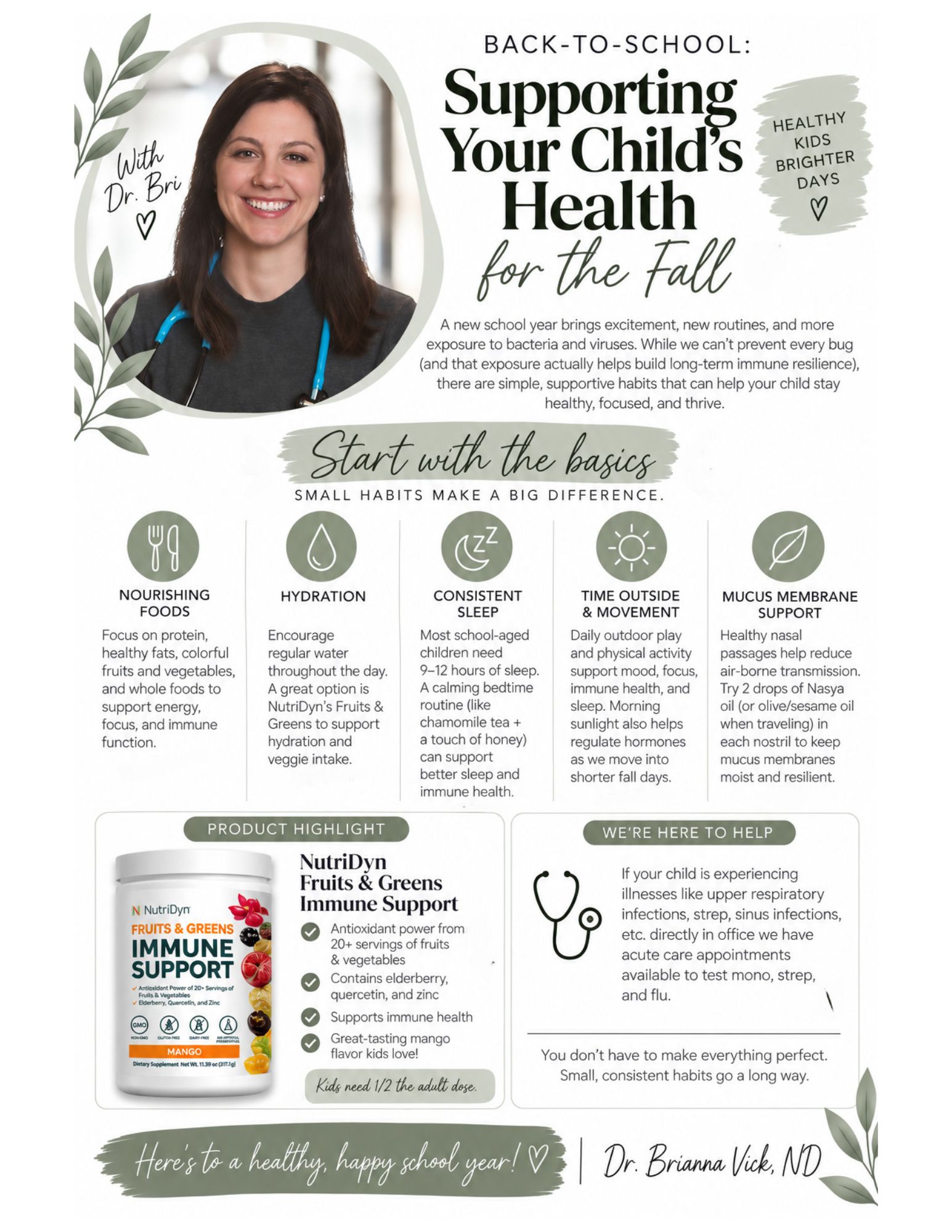 Dr. Bri is sharing a few simple ways to support your child’s health this fall — from nourishing foods + hydration to quality sleep, movement, and immune support. When sickness does hit, we’re here to help! Acute care appointments are available in-office for illnesses like strep, flu, mono, sinus infections, and more.