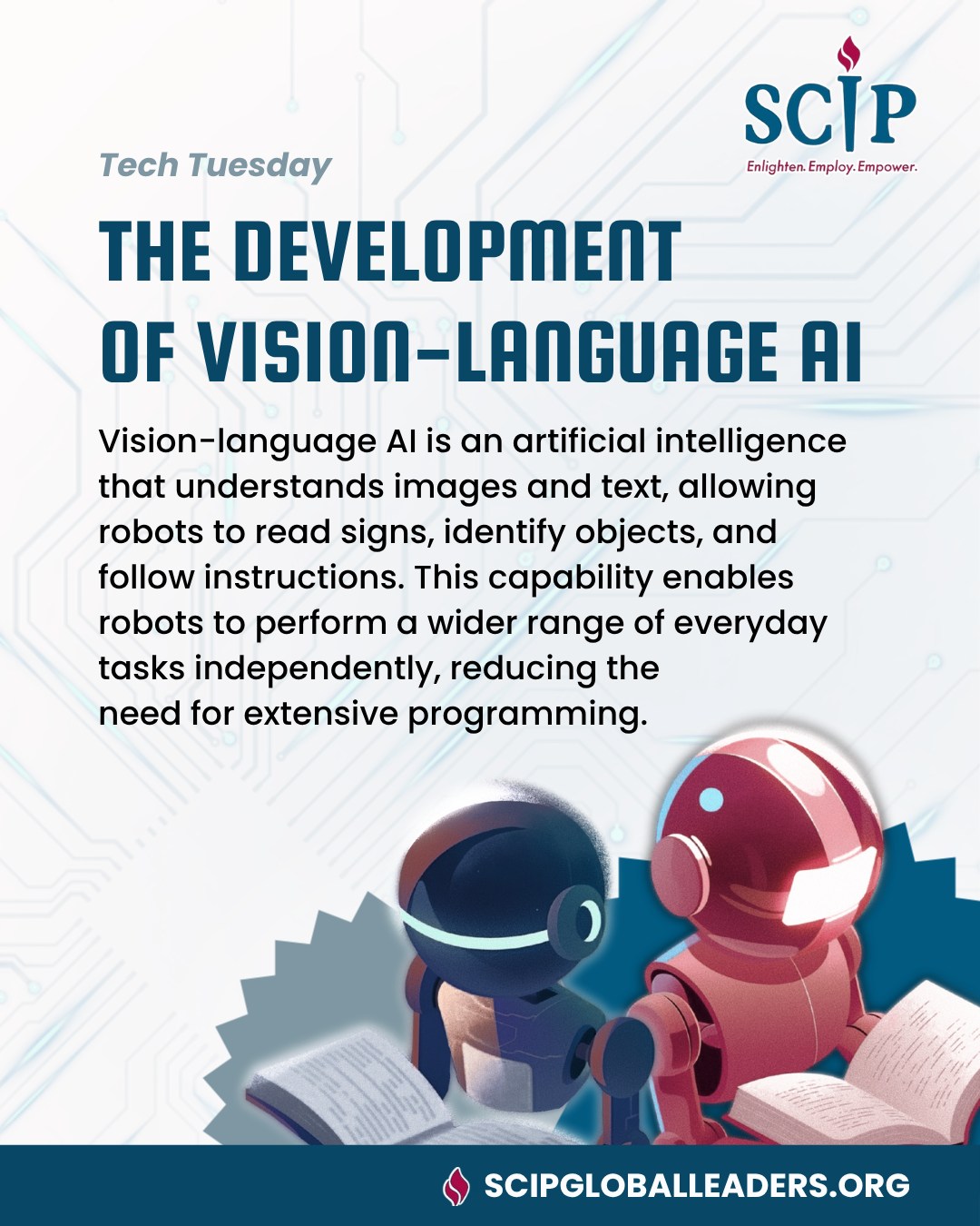 Itโs SCIPโs Tech Tuesday!
Vision-Language AI represents a remarkable technology that enables robots to comprehend both images and text. This capability allows them to read signs, recognize objects, and follow instructions with ease. ๐ฆพ
๐ Follow @scipleaders on Instagram and Facebook to learn more Tech Tuesday fun facts!
#SCIP #SCIPTechTuesday #Tech #TechFunFacts #Innovation #AI