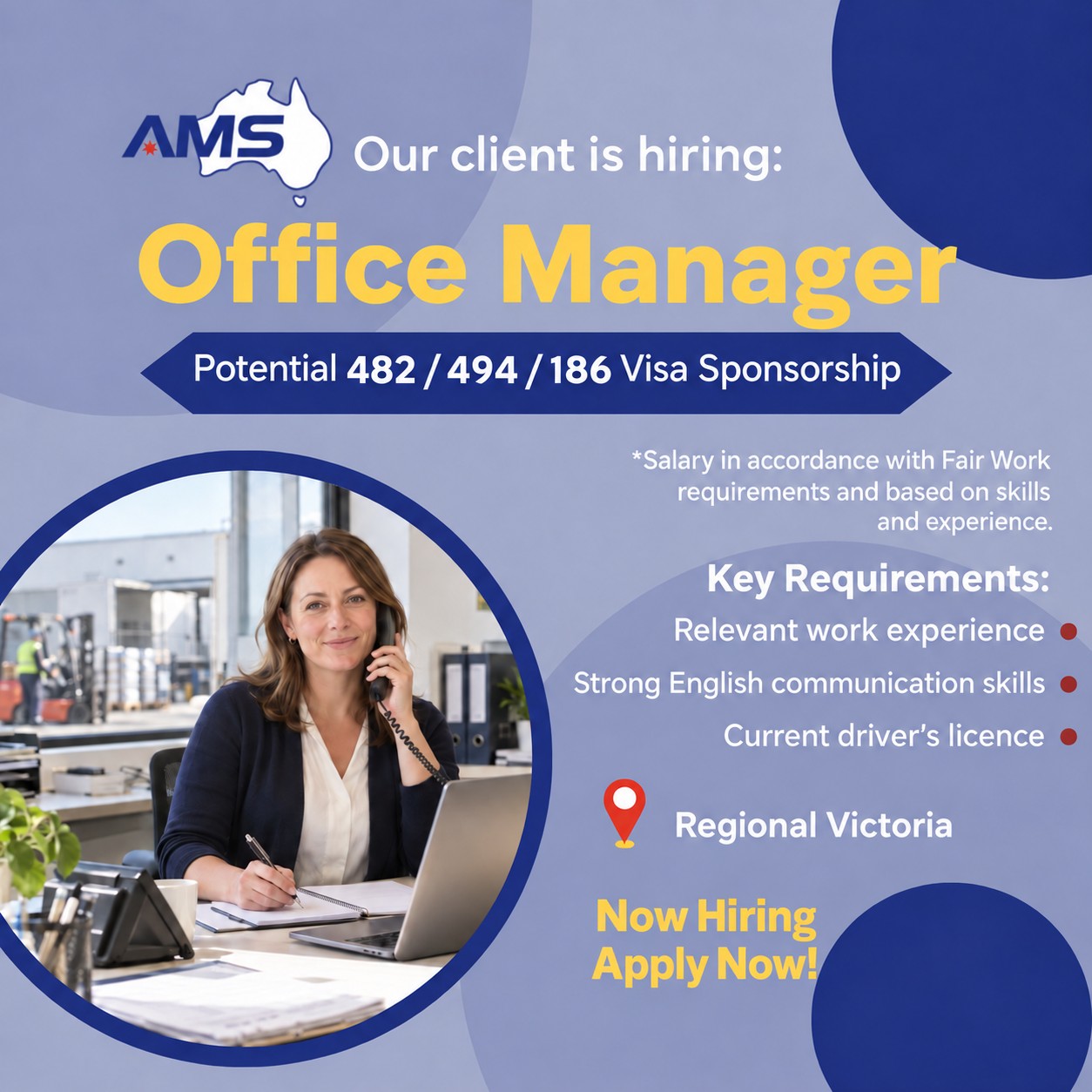 📣 Office Manager Opportunity | Regional Victoria
Our client is seeking an organised, reliable and proactive Office Manager to coordinate daily administrative activities and support the smooth operation of the business.
📍 Location: Regional Victoria
📅 Schedule: Monday to Friday, five days per week
🛂 Employer-sponsored visa opportunities may be available to suitable candidates.
Key responsibilities:
▫️ Manage daily office administration and document filing
▫️ Process orders, invoices, purchase orders and related records
▫️ Assist with accounts, payroll and employee records
▫️ Coordinate with customers, suppliers and transport providers
▫️ Assist with compliance and workplace safety administration
▫️ Provide general administrative support to management
Candidate requirements:
✅ Strong written and verbal English communication skills
✅ Previous experience in office administration, office management or a related role
✅ Strong organisational and multitasking abilities
✅ Proficiency in Microsoft Office and general office systems
✅ Ability to work independently and coordinate effectively with others
✅ A valid driver’s licence
Experience in accounts, bookkeeping, food processing, manufacturing, wholesale, retail or logistics will be highly regarded.
The employer is looking for someone who can take ownership of office operations and serve as a central point of coordination across administration, accounts, staff matters and external communications.
Interested in applying? Contact AMS for further information and application details.
Any employer-sponsored visa opportunity will depend on the applicant’s qualifications, work experience, English ability, visa circumstances and applicable migration requirements.
#OfficeManager #OfficeManagerJobs #RegionalVictoria #VictoriaJobs #AustralianJobs #JobsInAustralia #AdministrationJobs #RegionalJobs #EmployerSponsorship #VisaSponsorship #SkilledMigration #WorkInAustralia #HiringNow #AMS