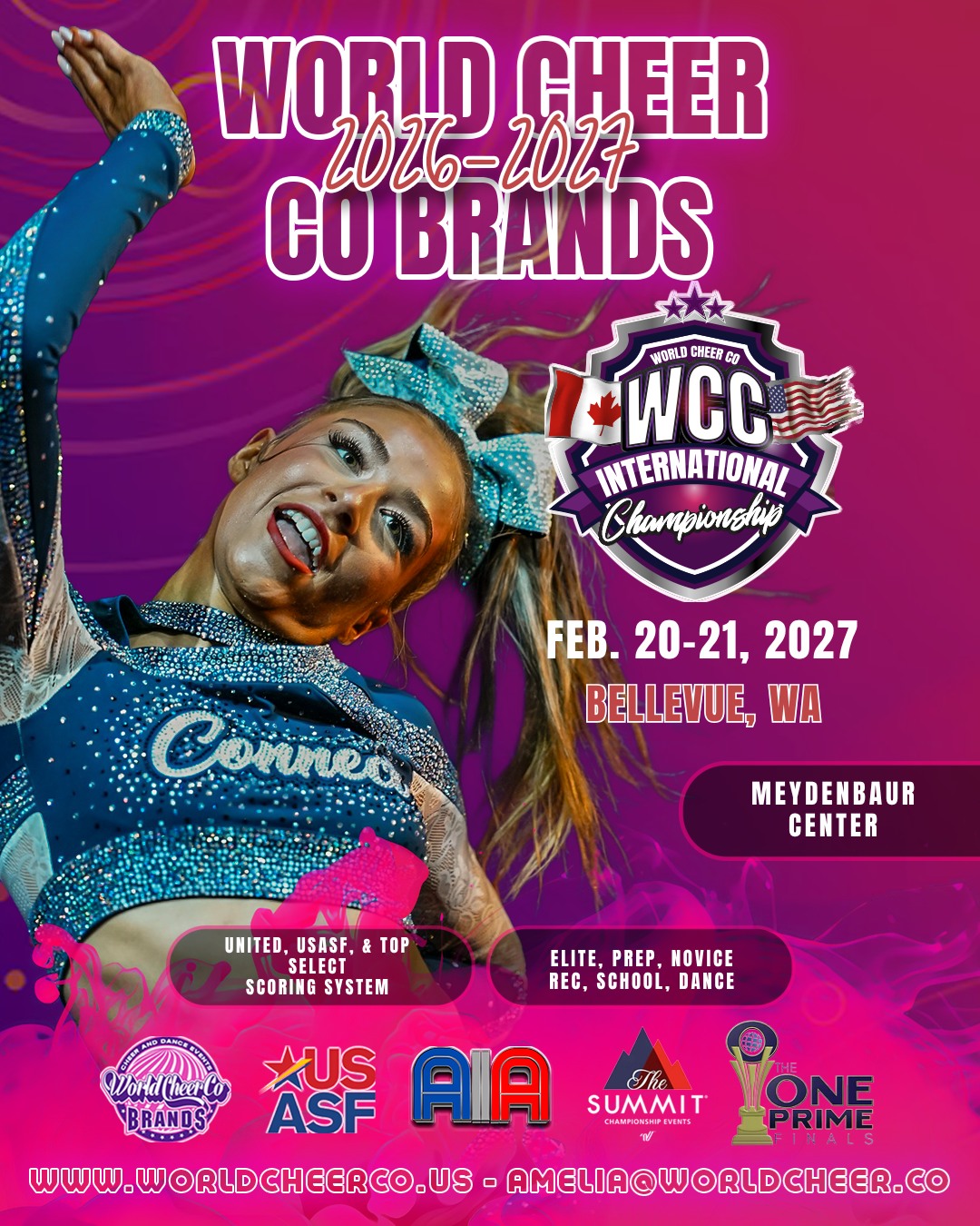🌎📣 GO INTERNATIONAL IN BELLEVUE! 🇺🇸🇨🇦
The WCC International Championship is coming to Bellevue, Washington! Get ready for an action-packed weekend where teams come together to compete, perform, and make unforgettable memories. ✨🏆
📅 February 20–21, 2027
📍 Meydenbauer Center
🌲 Bellevue, WA
From Elite, Prep & Novice to Rec, School & Dance, this is your chance to take the floor at an INTERNATIONAL championship event! 🔥
Bring your best. Hit your routine. Make your mark. 💎
🇺🇸 🇨🇦 Two countries. One competition weekend. BIG energy.
Tag your teammates and coaches — Bellevue is calling! 📣
#WCCInternational #WorldCheerCo #WorldCheerCoBrands #Cheerleading #CompetitiveCheer #AllStarCheer #CheerCompetition #BellevueWA #WashingtonCheer #USASF #CheerSeason #CheerLife #HitZero #DanceCompetition
