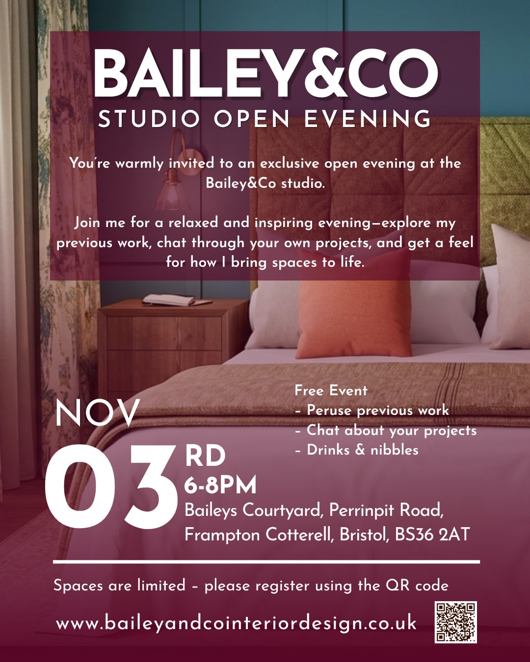 Come and see where the magic happens!
I’m opening the studio doors for a relaxed evening of interiors, inspiration, drinks and nibbles.
You’ll be able to see examples of my work, ask questions, and explore ideas for your own home in an informal setting.
It’s free, but please register your place via the link in the bio.
#BaileyAndCo #InteriorDesignEvent #InteriorDesignBristol #InteriorInspiration #HomeInspiration #InteriorDesigner #InteriorStyling #HomeDesign #StudioOpenEvening