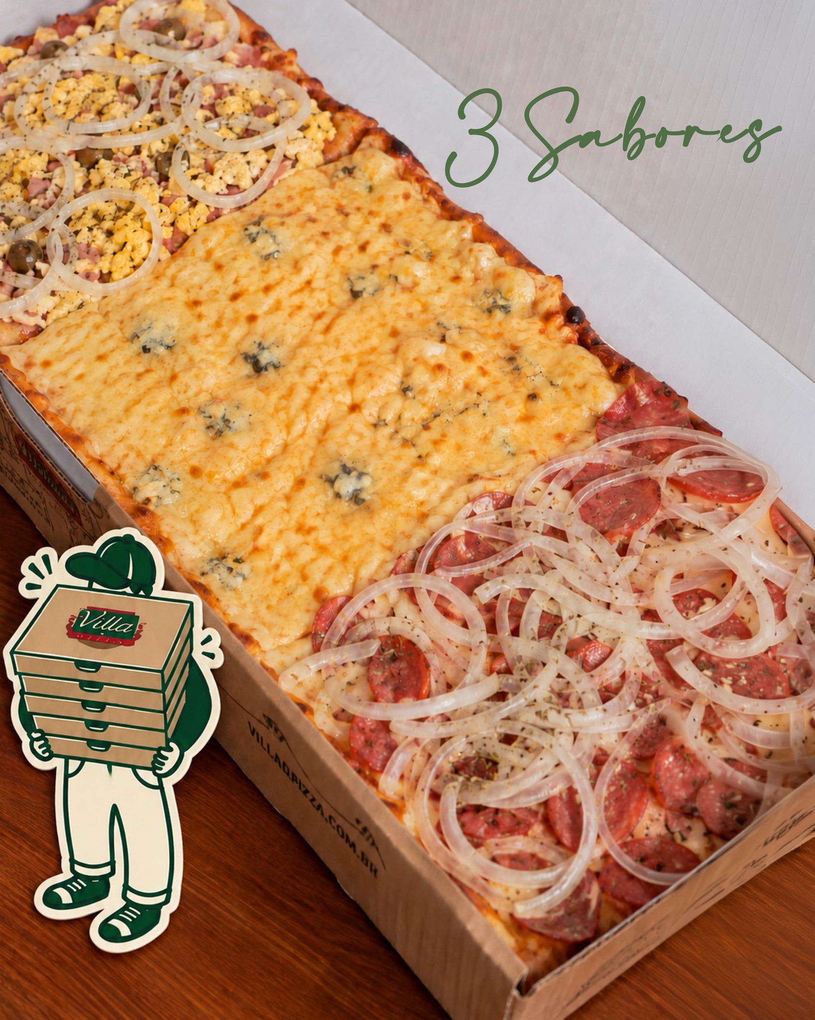 Três sabores, uma pizza e o melhor lugar para aproveitar: a sua casa. Nossa pizza retangular chega pelo delivery com mais variedade para dividir, experimentar e repetir.
Peça a sua e aproveite! 🍕