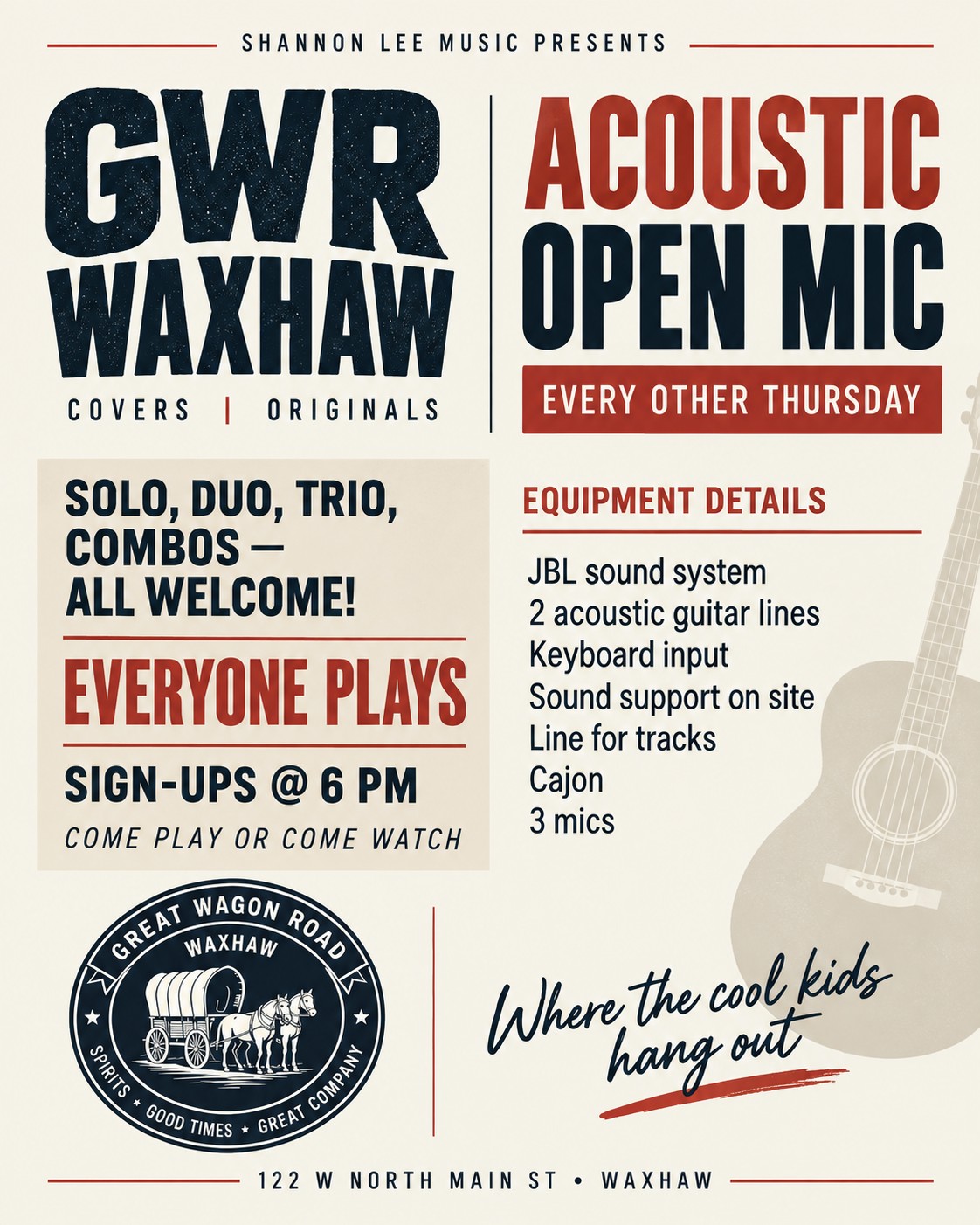 🎤 OPEN MIC THURSDAY AT GWR WAXHAW
Join us this Thursday for Open Mic Night at GWR Waxhaw.
Sign-ups start at 6 PM.
Solo acts, duos, trios, combos — all welcome.
Come play or come watch.
📍 122 W North Main St, Waxhaw
Where the cool kids hang out.
#GWRWaxhaw #WaxhawNC #OpenMic #DowntownWaxhaw #LiveLocal