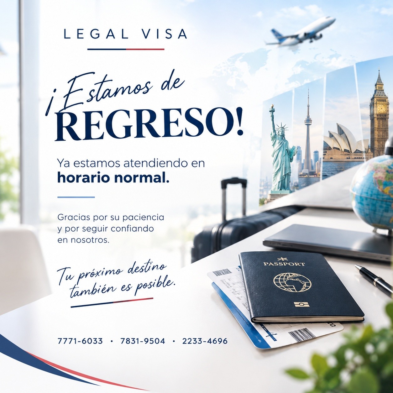 ✨ ¡Estamos de regreso!✨
Después de este breve descanso, en Legal Visa ya estamos atendiendo nuevamente en nuestro horario normal🇺🇸🇨🇦🇦🇺🇬🇧
Gracias por su paciencia y por continuar confiando en nosotros para acompañarlos en sus proyectos de viaje y procesos migratorios. 🌎✈️
📲 7771-6033 · 7831-9504 · 2233-4696