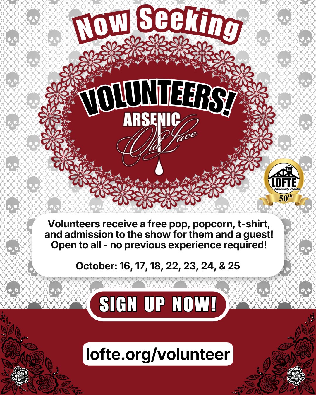 Sign up to volunteer, and you and a guest can see "Arsenic and Old Lace" for FREE, plus free popcorn! 🍿
The Lofte is currently seeking volunteer ushers, door greeters, car parkers, and concession stand attendants for our upcoming production of "Arsenic and Old Lace." Volunteers will receive a free T-shirt, popcorn, and a drink, plus free admission for themselves and a guest to any open seat in the theatre to see the show the night they volunteer. Volunteers are needed for every performance: October 16, 17, 18, 22, 23, 24, & 25.
More about Arsenic and Old Lace: Mortimer Brewster just wants to marry Elaine and live a normal life. Unfortunately, his family has other plans. His aunts Abby and Martha are poisoning gentlemen. His brother Teddy believes he’s digging the Panama Canal in the basement. His other brother, Jonathan, is on the run with a new face, courtesy of his sidekick, Dr. Einstein. There’s murder in the parlor and mayhem at every turn! See this classic comedy about the only thing more deadly than poison: family.
.
.
.
.
.
#Lofte #TheLofte #BornInABarn #LofteTheater #CommunityTheater #CommunityTheatre #Volunteer #Nebraska #CassCounty #Lincoln #Omaha #WeepingWater #Manley #theatre #theater #live #livetheater #livetheatre #comedy #arsenicandoldlace #darkcomedy