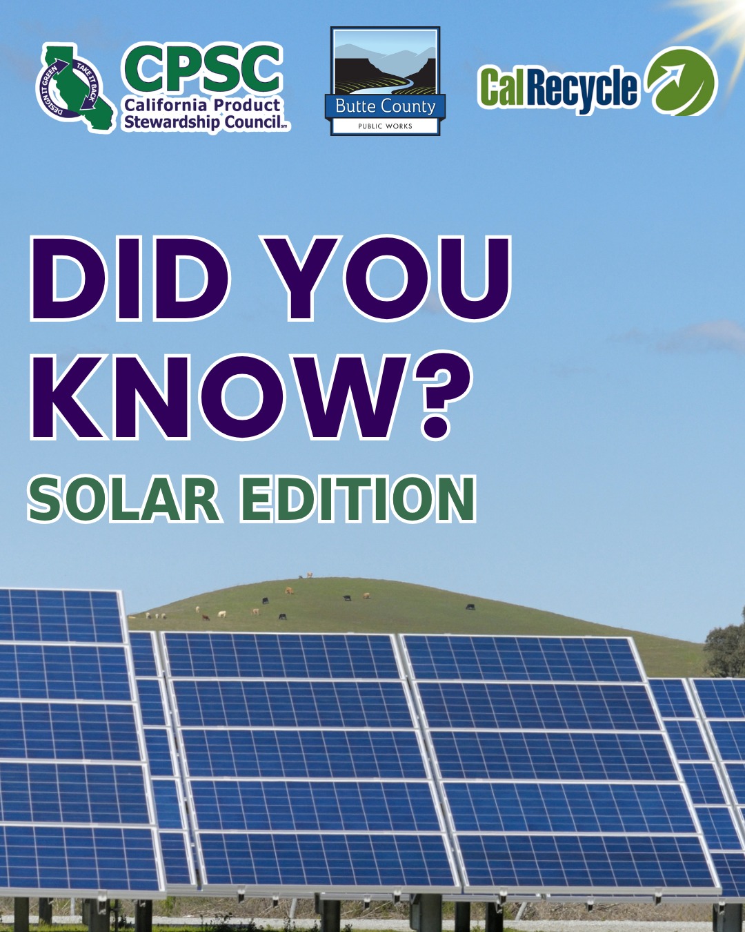 CPSC is building the foundation for solar panel collection across California, identifying pathways and breaking down barriers to reuse and recycling through our solar panel pilot programs.
Currently, in conjunction with the @buttecountypublicworks , we are collecting Butte County residential solar panels, working or not, for free during the month of October! You can schedule your drop-off appointment using the survey linked here or in our bio: https://www.surveymonkey.com/r/ButteSolarCollection
Learn more and explore our interactive solar panel reuse map at: calpsc.org/cpsc-solarstewardship
Funded by @calrecycle