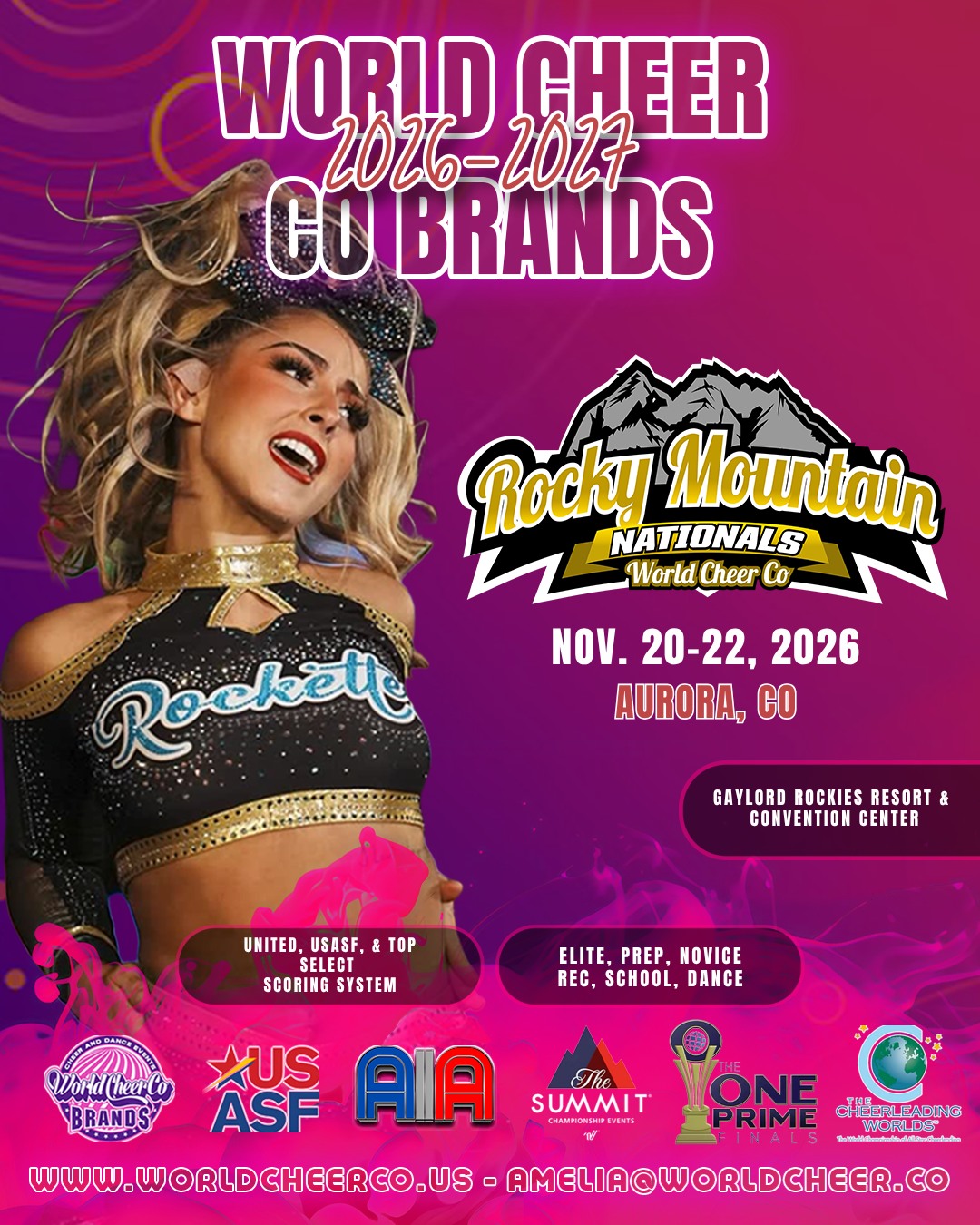 📣 ROCKY MOUNTAIN NATIONALS IS COMING! 🏔️✨
Get ready to bring the energy to Aurora, Colorado for the 2026–2027 World Cheer Co Brands Rocky Mountain Nationals! 🔥
📅 November 20–22, 2026
📍 Gaylord Rockies Resort & Convention Center
⭐ Elite • Prep • Novice • Rec • School • Dance
🏆 United, USASF & Top Select Scoring System
Three days. Big performances. Championship energy. 💪🎀 We can’t wait to see teams take the floor and make unforgettable memories in the Rockies!
🌎 World Cheer Co Brands
🔗 worldcheerco.us
📧 amelia@worldcheer.co
Tag your teammates and coaches who need to be there! 👇
#RockyMountainNationals #WorldCheerCo #WorldCheerCoBrands #CheerCompetition #Cheerleading #AllStarCheer #CompetitiveCheer #CheerNationals #CheerLife #ColoradoCheer #USASF #CheerSeason #roadtoworlds #DanceCompetition