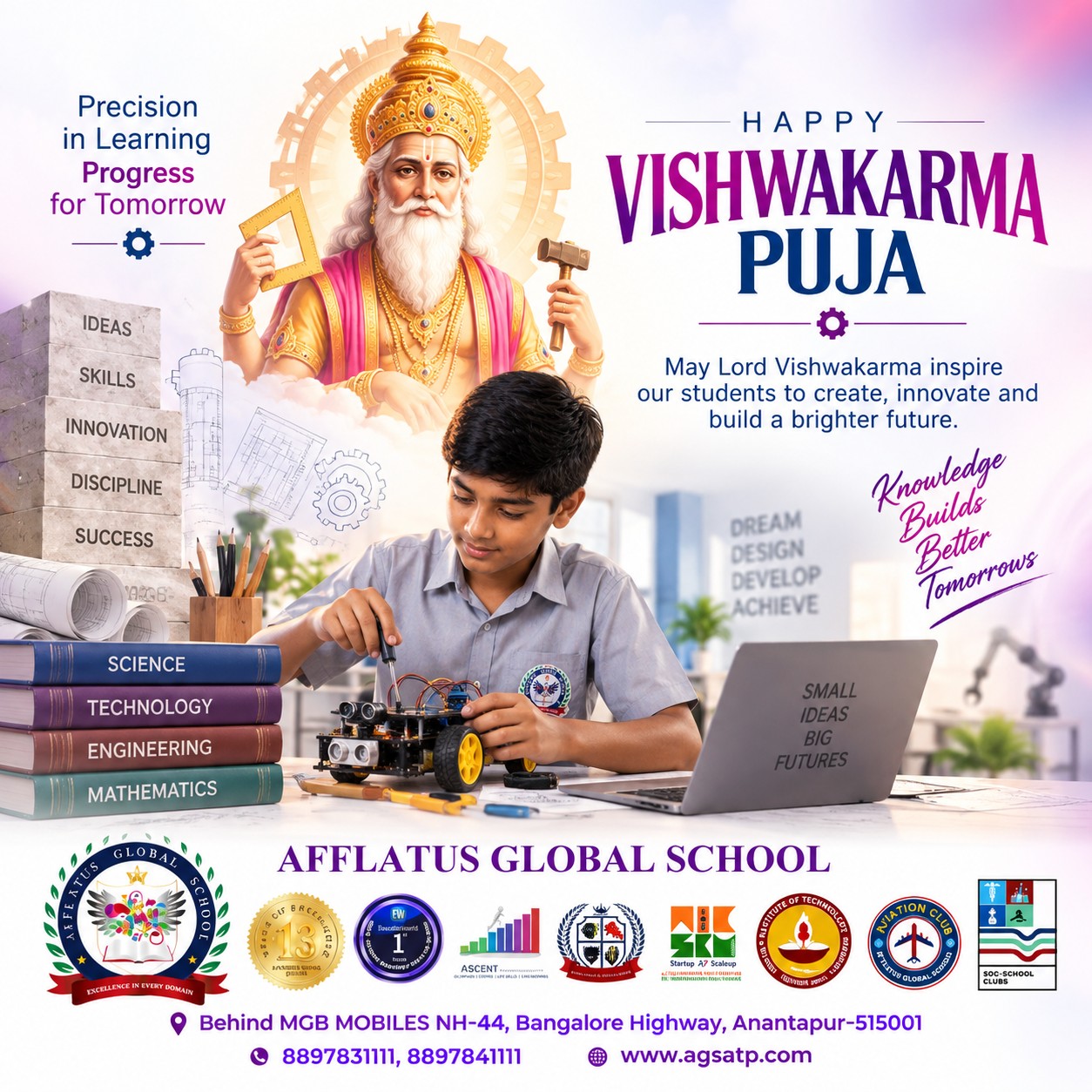 Let creativity be our strength and craftsmanship be our pride.
May Lord Vishwakarma shower His blessings upon us all.
#LordVishwakarma #VishwakarmaPuja #Creativity #Craftsmanship #Pride #Blessings #Prosperity
