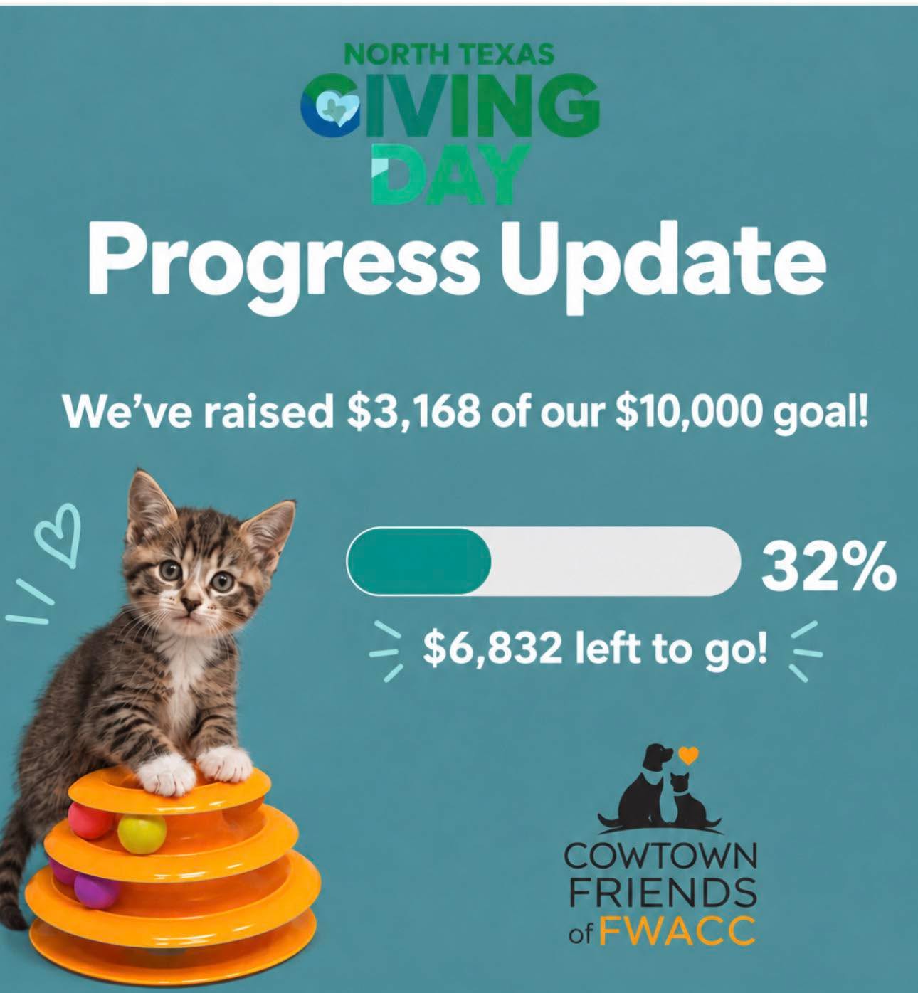 🚨 MATCHING GRANT UPDATE—WE’RE IN THE FINAL HOURS OF NORTH TEXAS GIVING DAY!🚨
We’re making incredible progress, but we’re not done yet!
Thanks to YOU, we’ve raised $3,168 toward our final $10,000 matching grant, which means we still have $6,832 left to unlock!
And here’s the exciting part: every dollar you give can help us get closer to unlocking matching funds and making an even bigger impact for the animals at fortworthacc!
If we can close the Double R Family Foundation matching gift tonight, we can replace every broken bed at Silcox and Henry Animal Campus AND ensure every kennel has a bed.
We’ve been wanting to do this for a while, and now we finally can — if we close the rest of this matching gift tonight.
If you’ve been thinking about donating, **NOW is the time. Even $10, $25, or $50 can help us move that thermometer and get closer to unlocking every dollar available to us by 11:59pm TONIGHT!
🔗🔗DONATE NOW BY VISITING LINK IN BIO🔗🔗
#NorthTexasGivingDay #CowtownFriends #FWACC #FortWorthAnimalCareAndControl #SupportShelterPets #GiveForGood #NTxGivingDay
