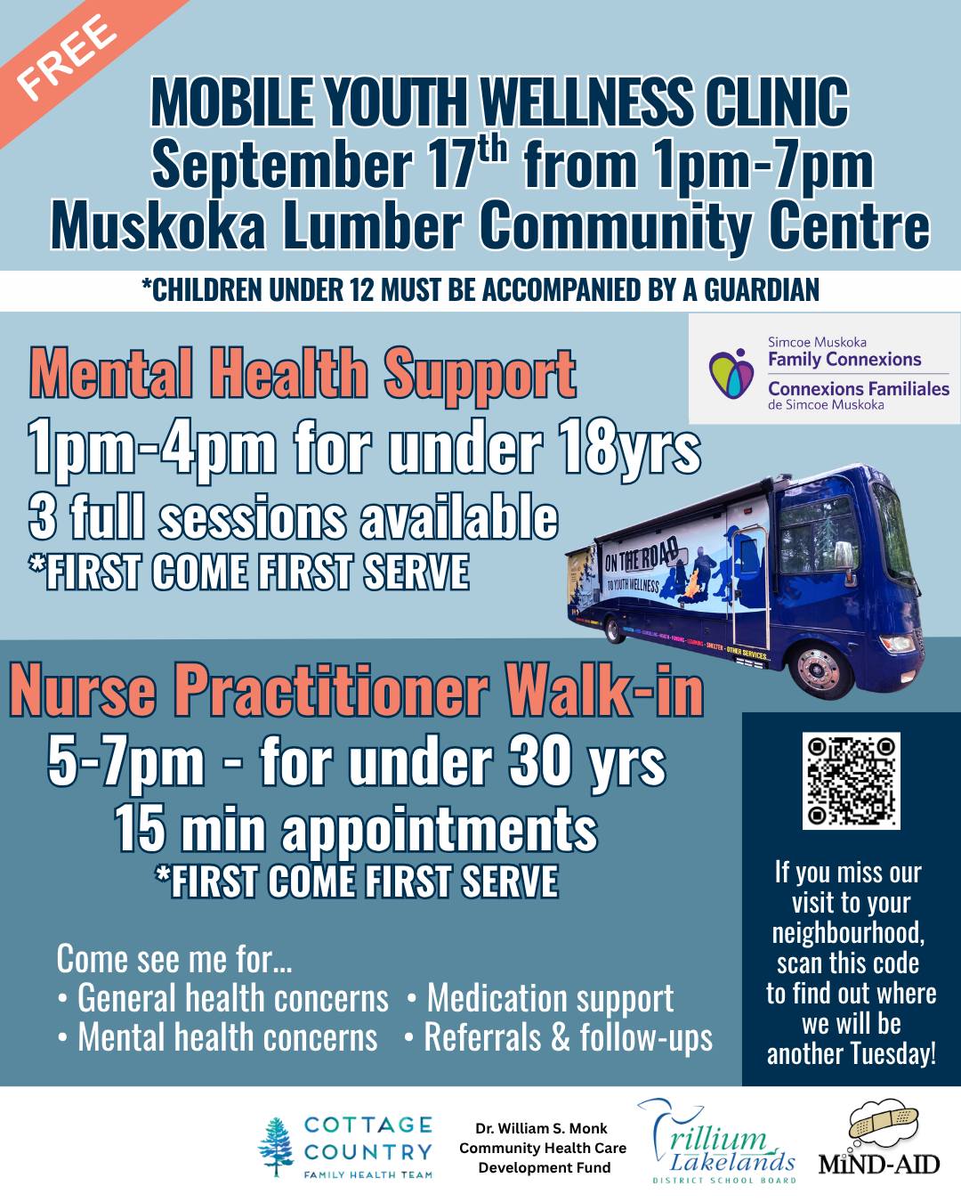 Visit our Mobile Youth Wellness Clinic at the Children and Youth Open House this Thursday!
Hosted by the Town of Bracebridge, this free event is an opportunity for families and youth to learn more about what their community has to offer. From sports to arts, culture to mental health, there’s something for everyone to check out!
The event takes place between 3:30 PM - 6:30 PM at the Muskoka Lumber Community Centre, but our Hub will be rolling in earlier with community supports.
For young people under 18 years of age, there will be 3 full sessions for mental health support through Simcoe Muskoka Family Connexions. The sessions will run from 1 PM to 4 PM, and children under 12 must be accompanied by a guardian.
If you’re 29 years old or under, our Nurse Practitioner will be available from 5 PM to 7 PM.
We hope to see you there!
@townbracebridge