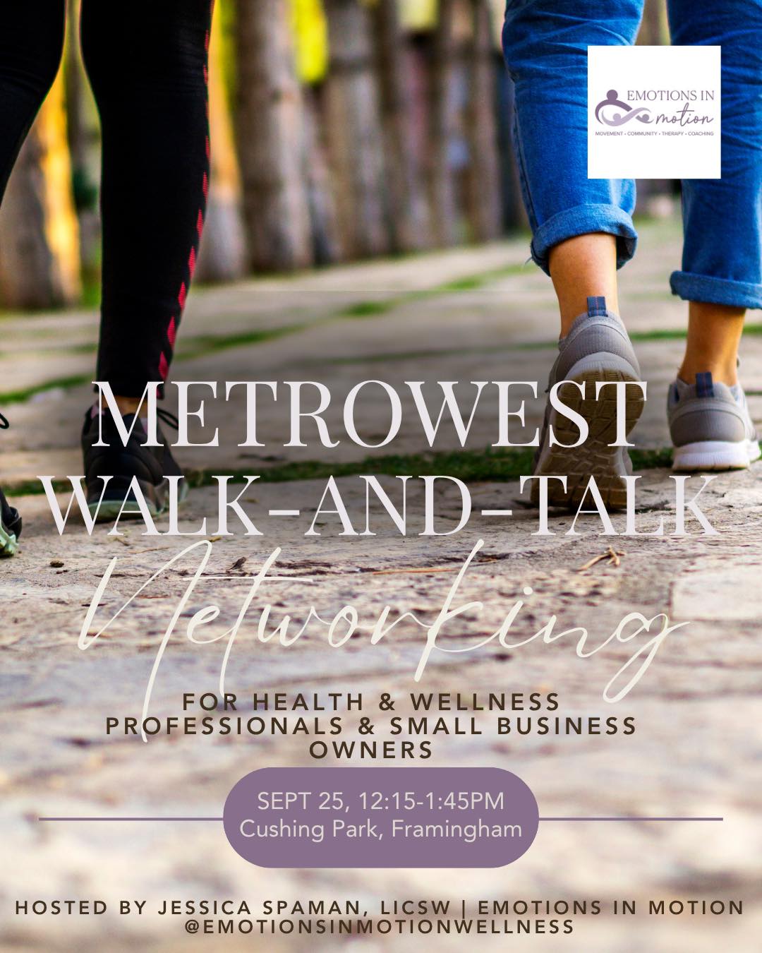 Our next MetroWest Walk & Talk Networking Meet-up is Sept 25th at Cushing Park in Framingham!
If you are a health and wellness professional or small business owner in the health and wellness space looking for meaningful community, connection, and collaboration, come join us.
Free to register https://www.emotions-in-motion.com/service-page/metrowest-walk-talk-networking-group
#metrowestnetworking #metrowestmasmallbusiness #metrowestma