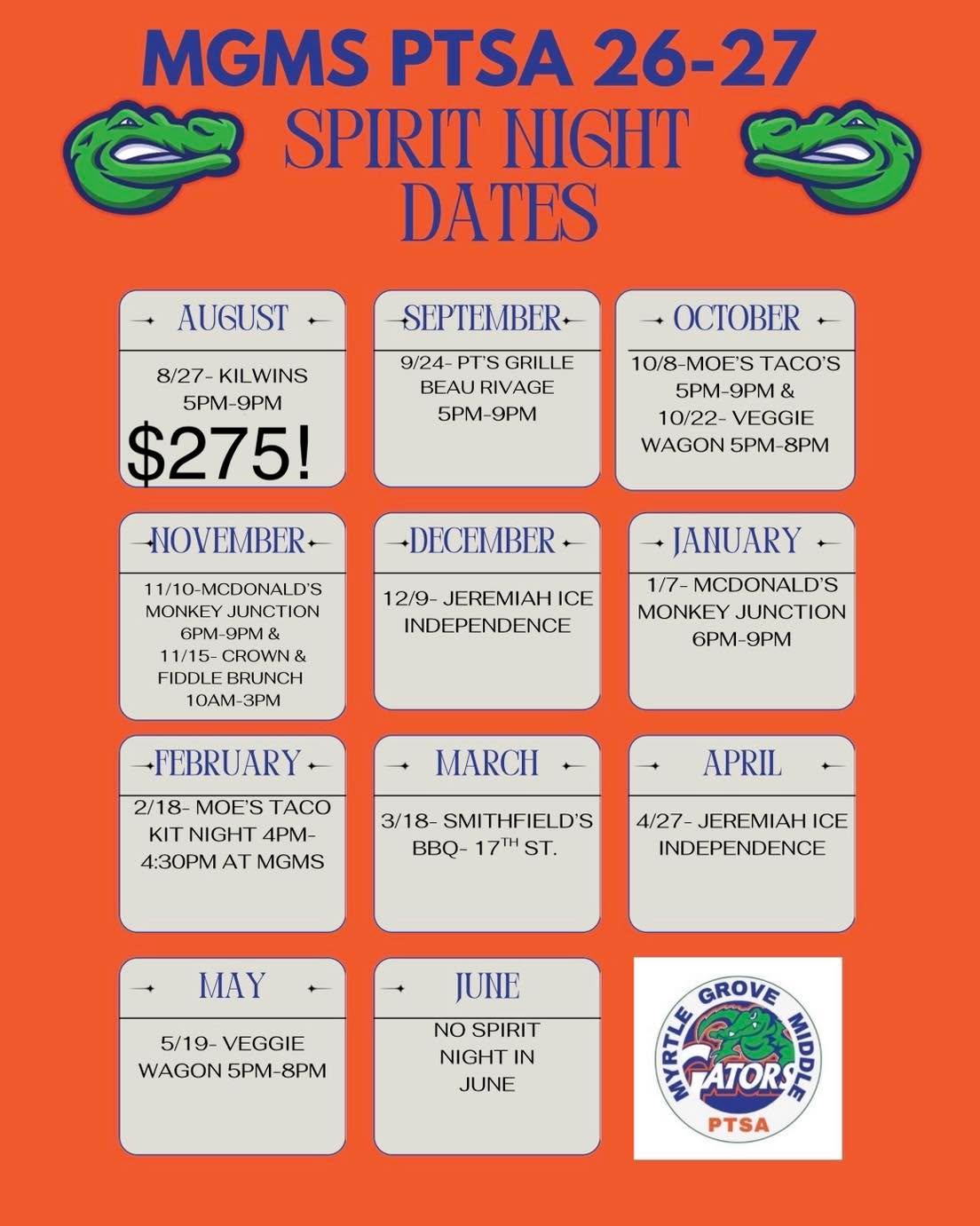 Save the Dates and join us for our Spirit Nights! Every dollar raised goes right back to our school! πππ§‘
Next up: PTβs Grille on 9/24 from 5-9pm!
Special thanks to all who stopped by Kilwins last month π! We raised $275!