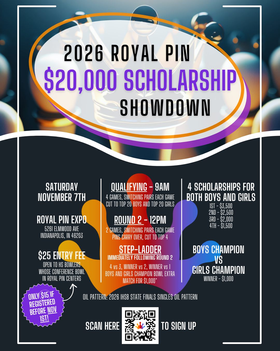 Royal Pin Entertainment is hosting it's 4th annual Scholarship Showdown on Saturday, November 7th at Royal Pin Expo! ππ³
High school bowlers on a roster for the 2026-2076 season in a conference that bowls in a Royal Pin Entertainment center may register to enter. Entry is $25 per eligible bowler but is only $15 if registered before November 1st! Register for a chance to win a portion of the $20,000 prizefund to go towards tuition costs! π
Learn more about our tournament here: http://events.hometownticketing.com/boxoffice/h2m/L2VtYmVkL2V2ZW50LzI4