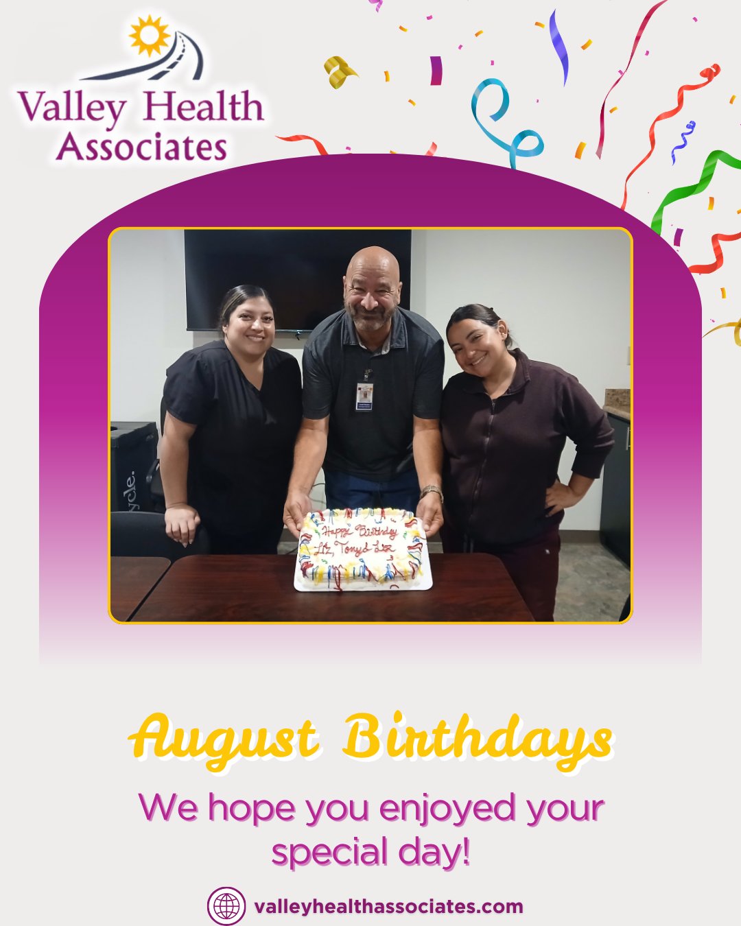 Wishing a very Happy Birthday to Liz, Tony, and Liz! π
Thank you for being a part of the VHA team and for being dedicated to serving our clients and community.
valleyhealthassociates.com
#ValleyHealthAssociates #HappyBirthday #Nonprofit #VHA #MontereyCounty