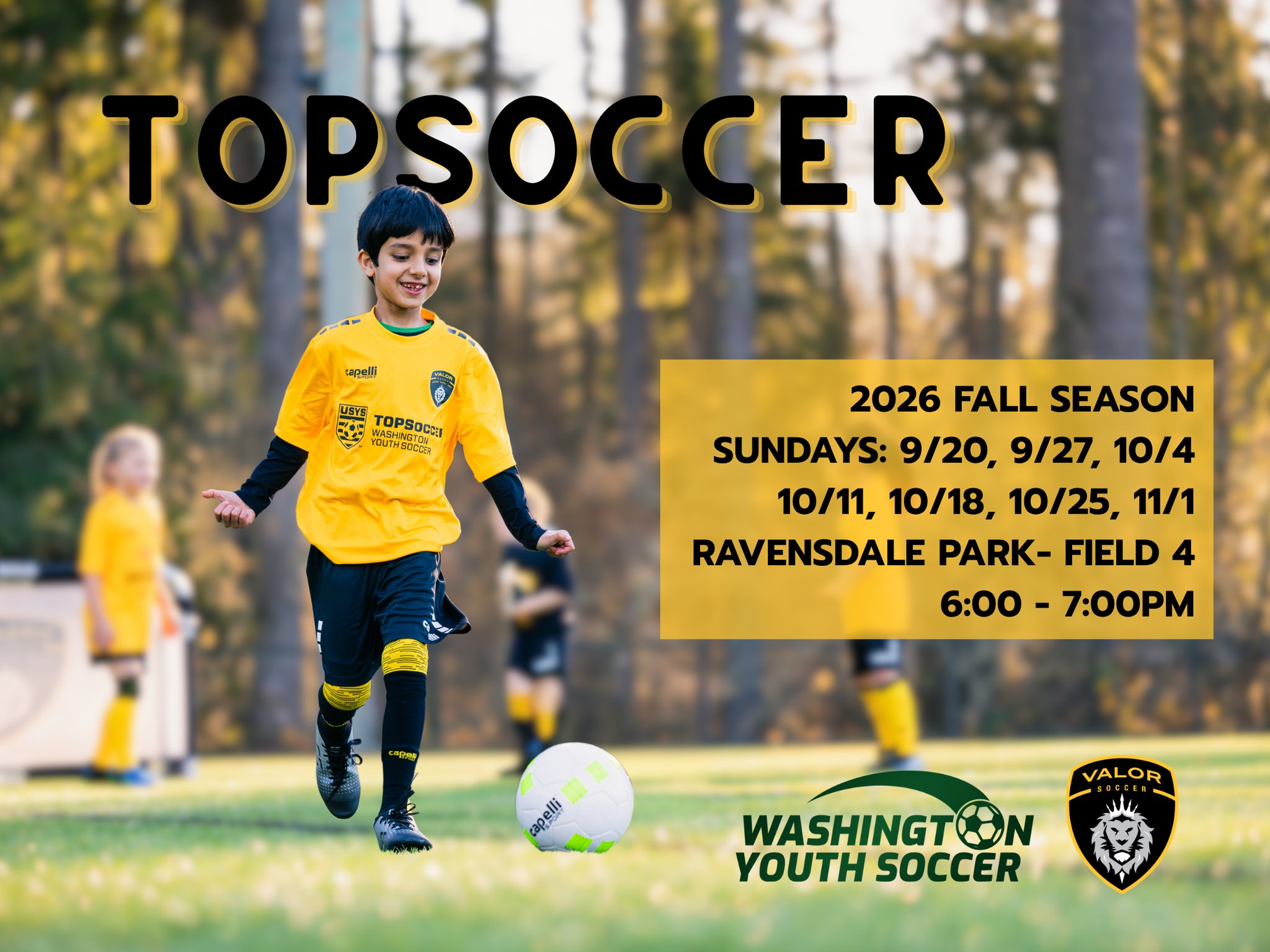 Our Fall TOPSoccer season kicks off this Sunday, September 20, and we're excited to welcome our TOPSoccer athletes and families back to the field!
Joins us this Sunday from 6-7pm at Ravensdale Park, Field 4.
Our Fall TOPSoccer season will continue on Sundays through November 11. Weekly registration is available. #TOPSoccer #WeAreValor
To register, click the link in our bio.