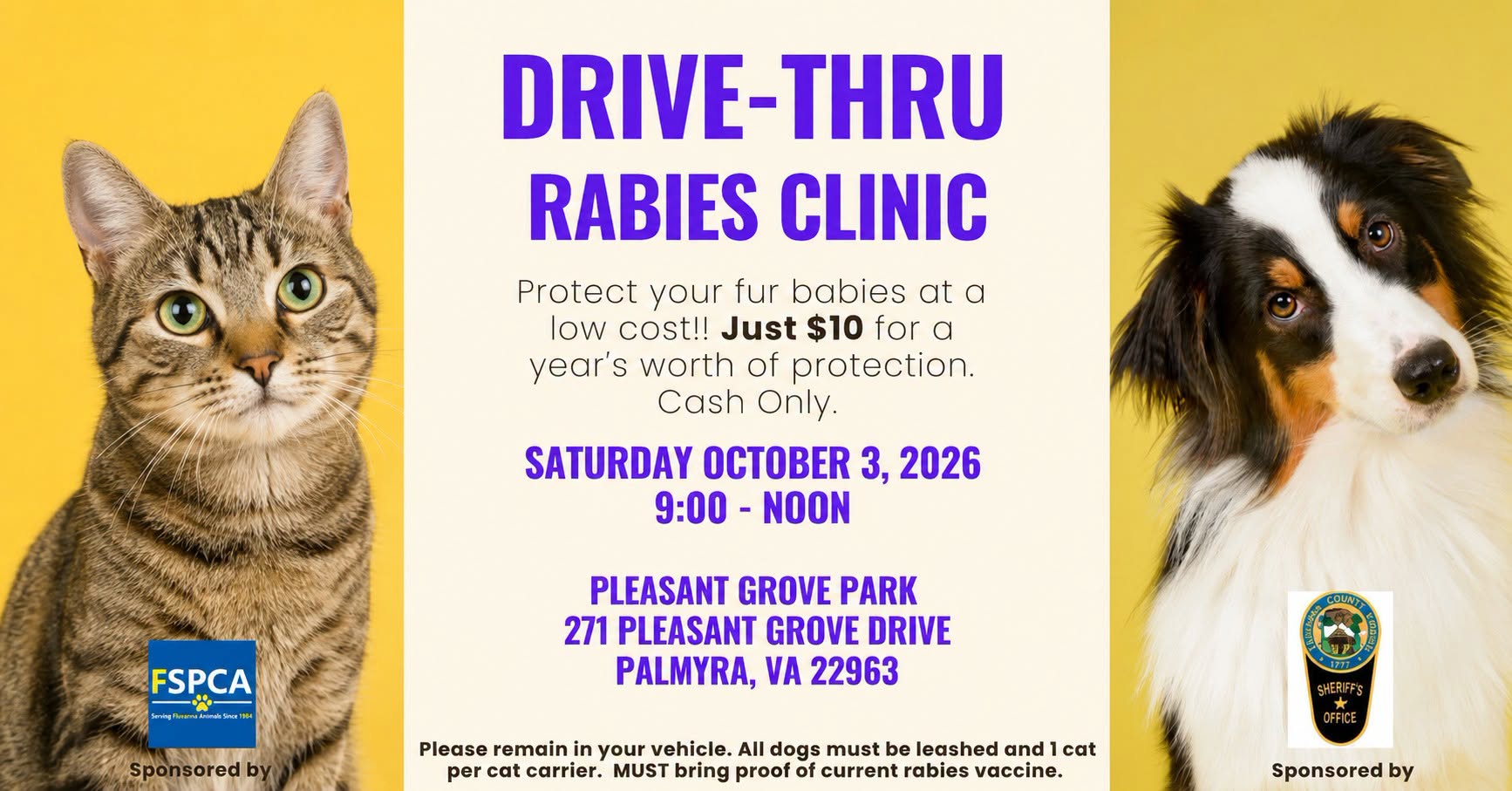 Planning to join us for our Drive-Thru Rabies Clinic on October 3rd? 🩺🐾
We can’t wait to see you and your pets! Before you arrive, here are a few important reminders:
🚗 Please stay in your vehicle
🐱 One cat per carrier
🐶 All dogs must be leashed
📋 Bring proof of a current rabies vaccine
💵 Cash only
Thank you for helping us keep the clinic safe, smooth, and stress-free for everyone!
We look forward to seeing you and your furry friends on October 3rd! 🐾❤️
#fspca #fluvannaspca #rabiesclinic #communitysupport #rabiesprevention