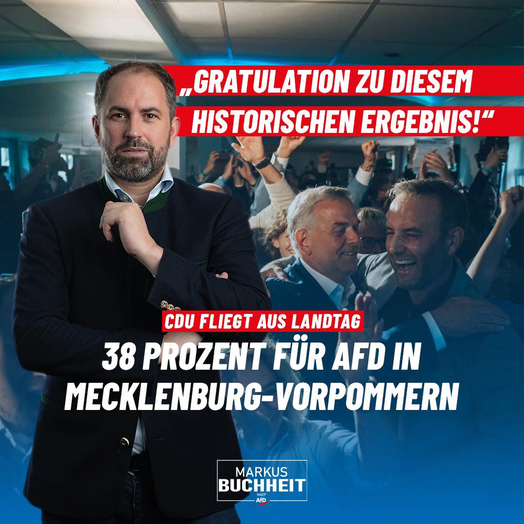 Die CDU ist im hohen Bogen aus dem Landtag geflogen, die AfD ist die neue Volkspartei im Osten 💙 Herzlichen Glückwunsch zu diesem historischen Wahlsieg 💪🏻