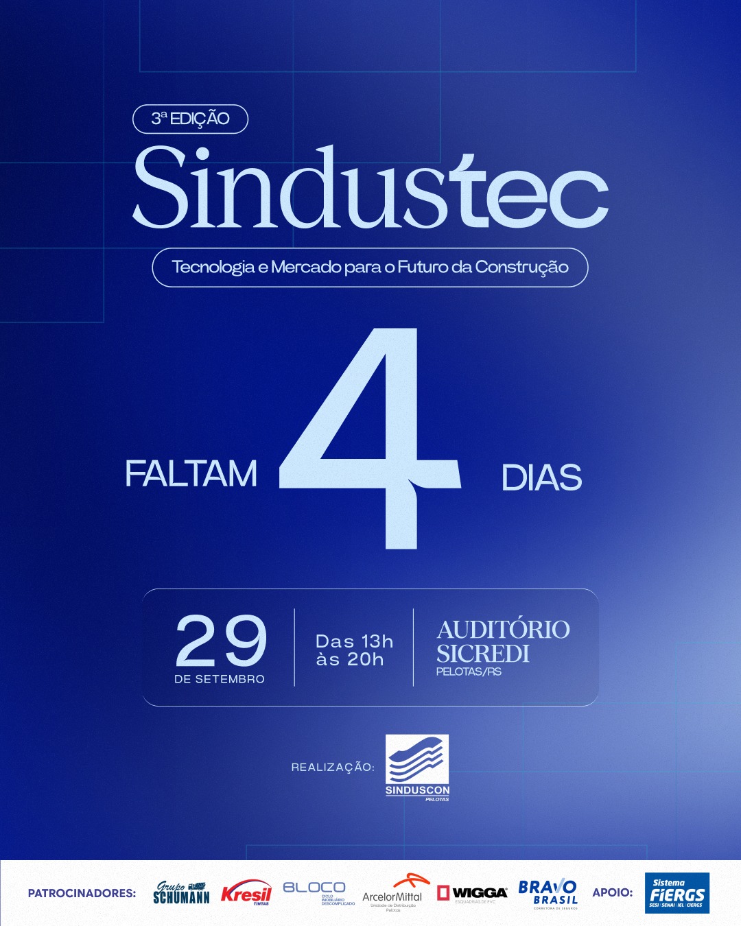 29 de setembro · 13h · Auditório Sicredi · Pelotas.
O setor da construção civil da Zona Sul se reúne em um único lugar.
O III SINDUSTEC começa às 13h no Auditório Sicredi — e quem estiver lá vai sair com tendências, conexões e informações que vão fazer diferença no negócio.
São 7 horas de programação. Palestras de nível nacional. Painéis com especialistas.
E uma sala com 350 profissionais e empresários do setor — o tipo de networking que não acontece todo dia.
As vagas são limitadas.
Garanta a tua vaga — link na bio.