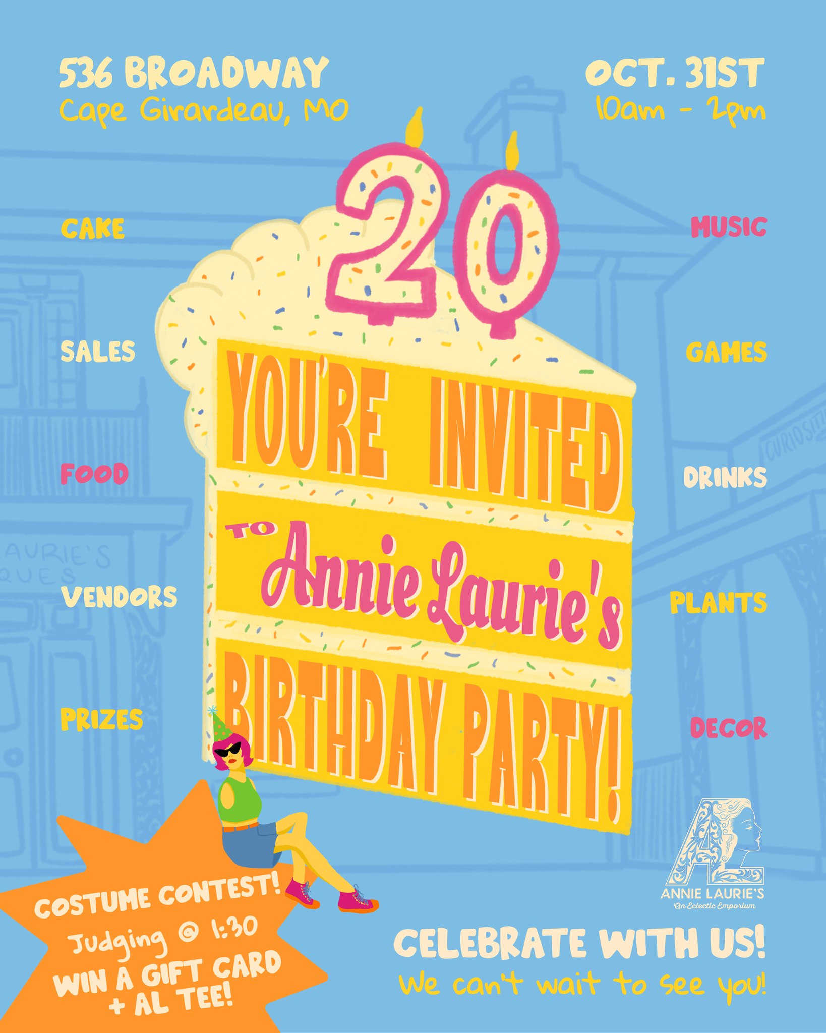 It's our birthday... and we'll party if we want to! 🥳
Join us on Halloween morning from 10-2 for a birthday bonanza you won't want to miss! 🎂 We'll be hosting vendors out back with a variety of food, drinks, goods, and bumping tunes from the one & only DJ Gina 😎🎶
PLUS, come dressed in your Halloween Best! We're having a costume contest, with judging at 1:30pm sharp. Enter for a chance to win an AL gift card and tee!
We'll also have party games, markdowns & sales throughout the store, and @slimedieselx and @glitzgirlclique will be joining us in the shop again for Tattoos and Tooth Gems! Keep your eyes peeled for more details on what this fabulous duo comes up with for our event 👀✨
Our Vendor List:
-Poppy Red Pastry @poppyredpastry
-Loops'n'Roots @loops.n.roots
-Cognito Vintage @cognitovintage
-Chase Vintage @chase.vntg
-Bee's Knees Face Painting @beeskneesfacepainting
-Relish Sandwich Bar + Social Club @relish_sandwich_bar
-SEMO Clay Club @semo_ceramic
-DandyLion Home Decor @dandylionhome
-GlitzGirlClique Tooth Gems @glitzgirlclique
-Cam Decatoria Tattoos @slimedieselx
-Gerald's Gifts
-DJ Gina
We'll see you there!
Oct. 31st
10am-2pm
536 Broadway St. Cape Girardeau, MO