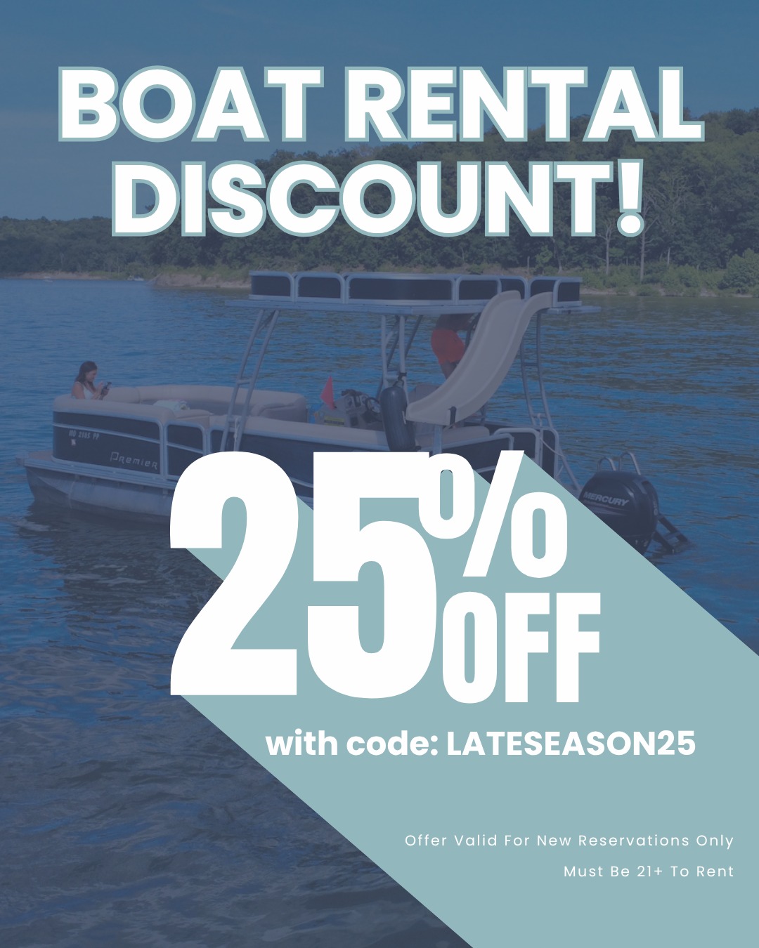 The lake days aren’t over yet! ☀️
Take advantage of the warm weather and save 25% on boat rentals with promo code LATESEASON25!
Use code LATESEASON25 for 25% off new boat rental reservations.
Grab your crew and get one more lake day on the calendar! ☀️