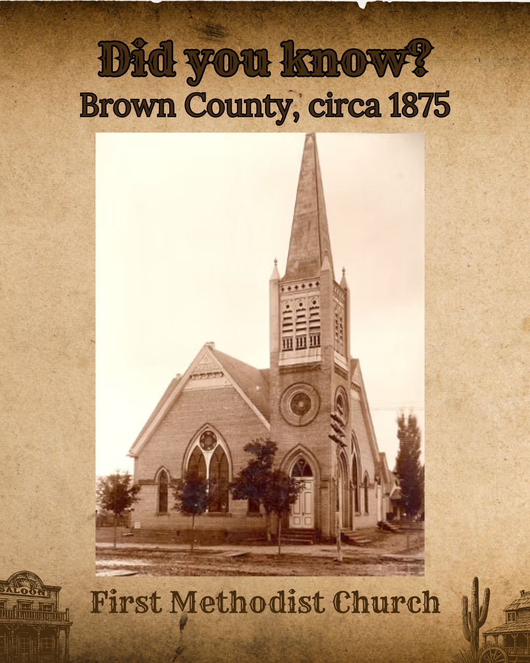 BROWN COUNTY, circa 1875: First Methodist Christ in Brownwood was one of the four churches founded in Brownwood over 150 years ago. âFirst Methodist Church's history begins in 1863 with the first church in Brown County, established by two Methodist ministers: George Vest and William Mayberry. In 1922, the church decided to expand, planting a second church now known as Central United Methodist Church. Later, with further development in Brownwood, the church decided to relocate to the current building across the street from Brownwood High School, a location that has proved to be valuable to the efforts of the youth ministry.â
This image is of the original church building, located on the corner of Fisk and Austin.
Historical information from the FMC website.
#browncountymuseumofhistory