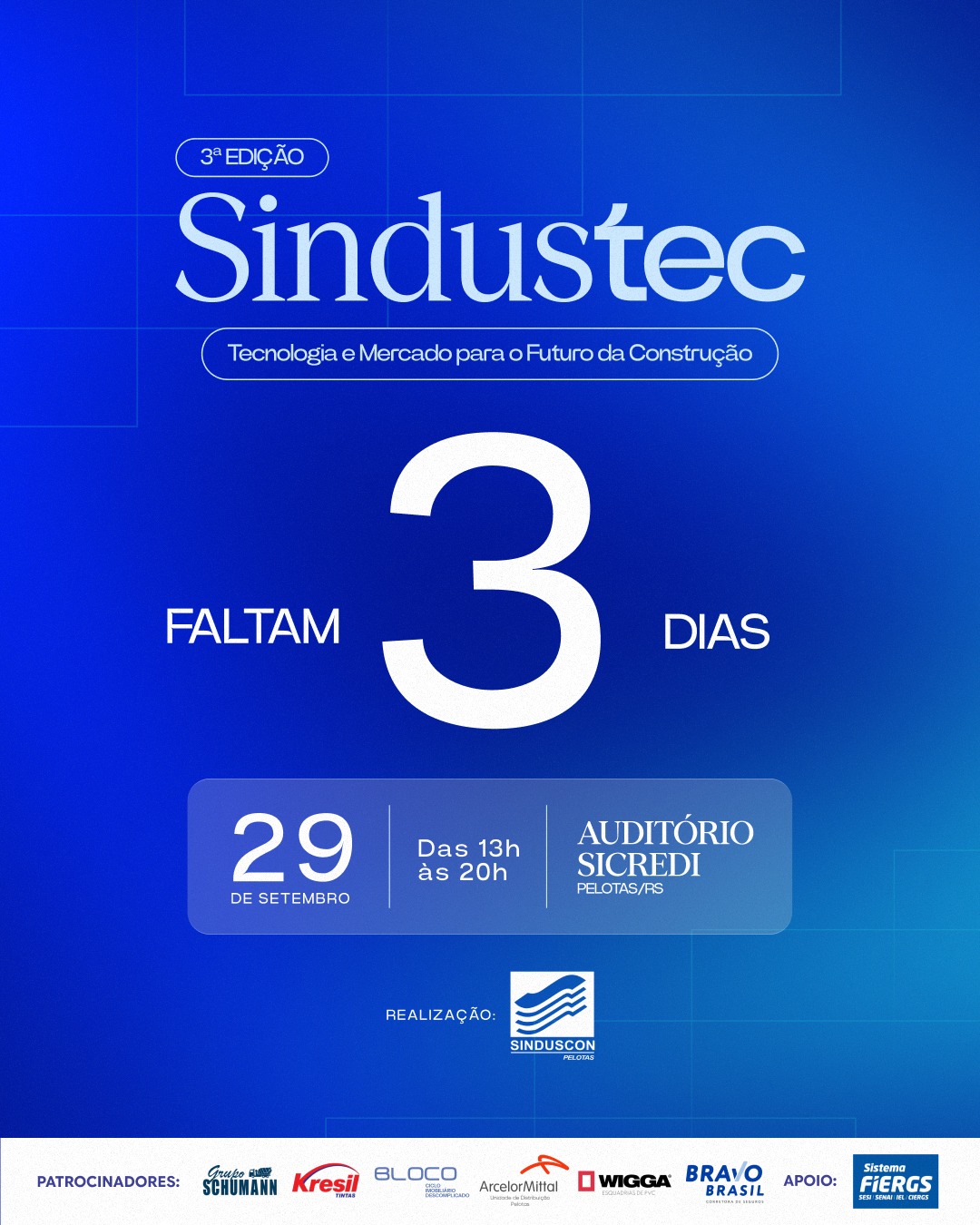 Quem está no setor da construção civil vai estar no Auditório Sicredi na terça feira.
O III SINDUSTEC traz para Pelotas três especialistas que estão no centro das transformações do mercado — resiliência climática, inteligência artificial e tomada de decisão estratégica.
Tudo em um único dia, com espaço para networking qualificado e debates que movem o setor.
Não é o tipo de evento que você assiste sentado.
É o tipo que muda a forma como você vê o mercado quando sai.
29 de setembro · 13h · Auditório Sicredi · Pelotas.
Últimas vagas disponíveis — link na bio.