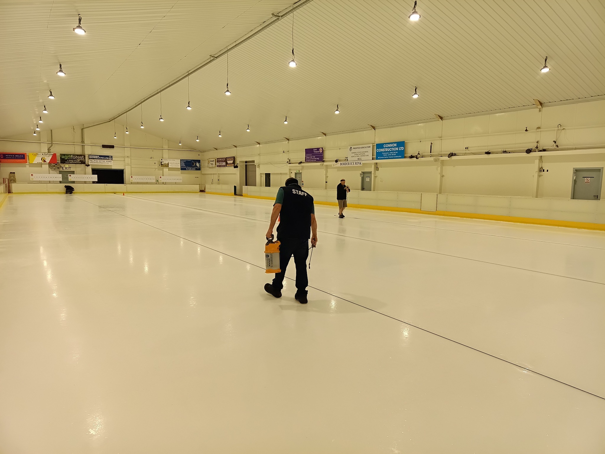 Ice prep well underway with five floods completed. Bill, Jim and John are busy adding the first inserts with centre and sheet marker lines