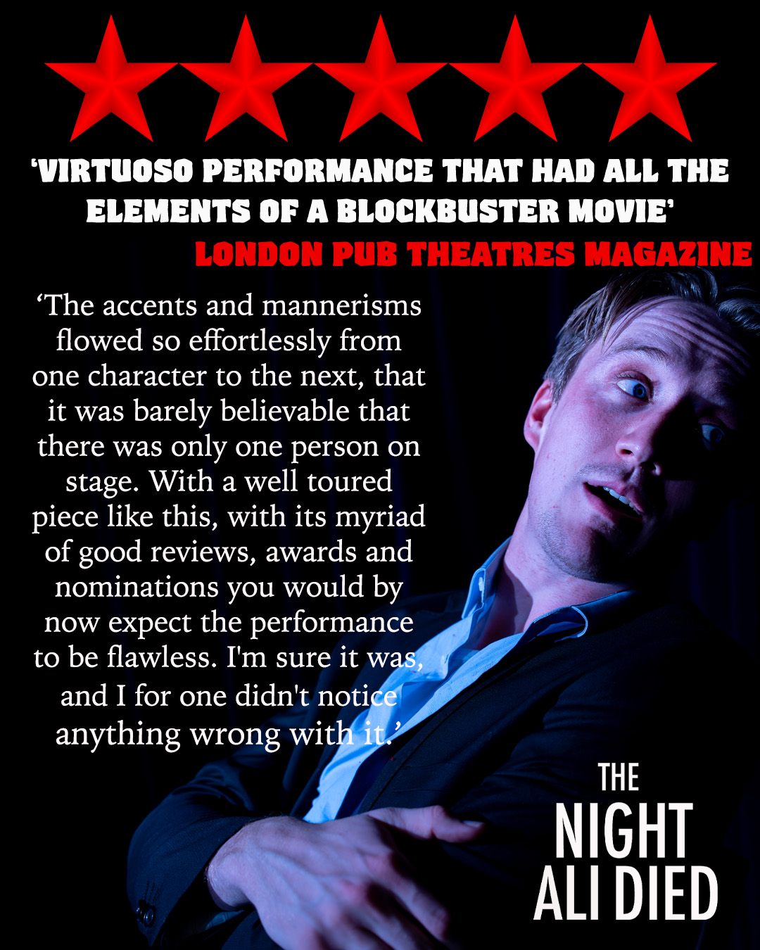 22nd & 23rd September - more awards and five star reviews than you can poke a stick at!
Come see the phenomenal Christopher Sainton-Clark in THE NIGHT ALI DIED.
A one man thriller you shouldn't miss. Selling fast - book now on our website.
https://www.tickettailor.com/events/almatheatrecompany/2248092