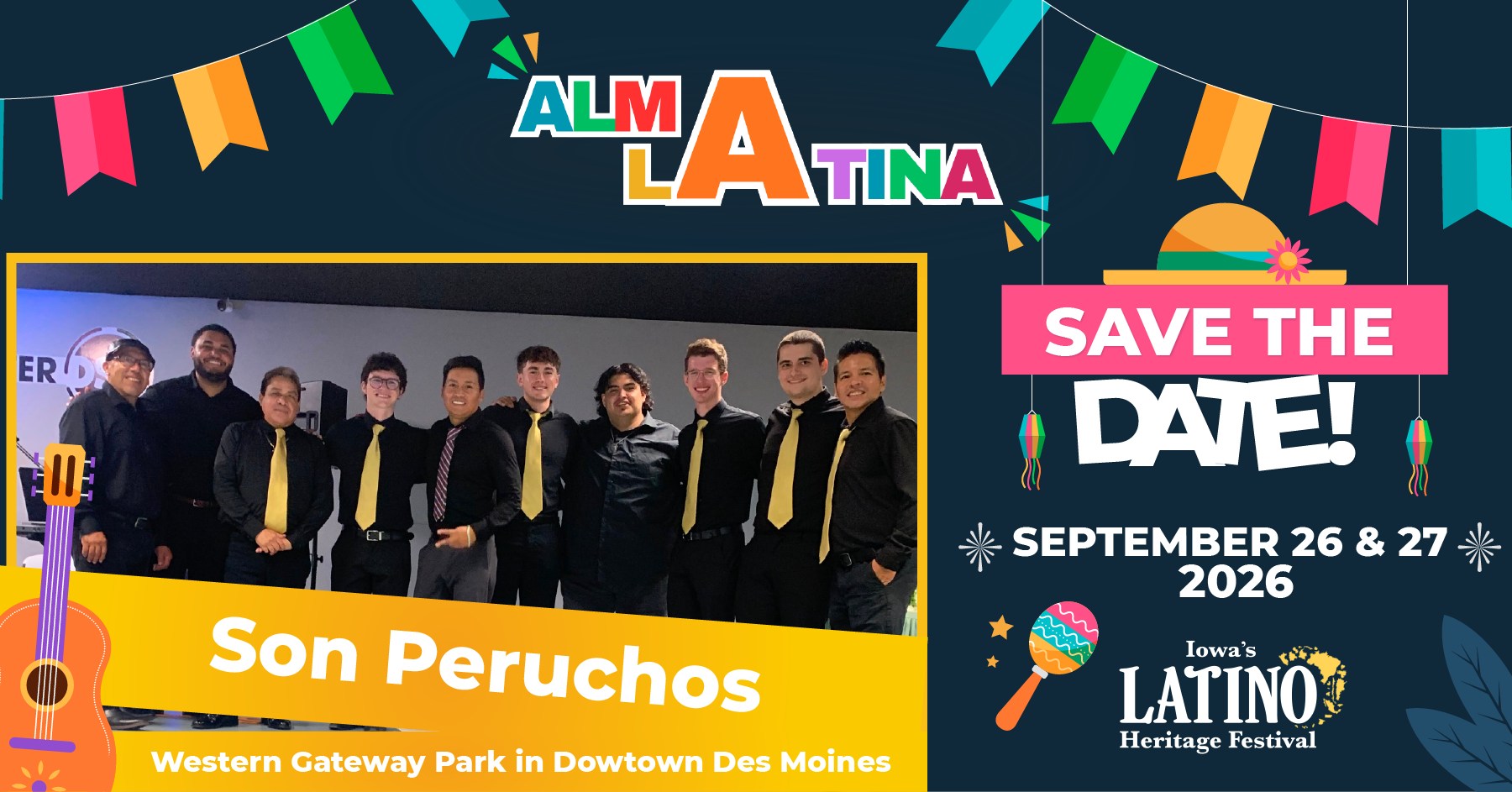 Son Peruchos Will be performing at the 2026 Iowa's Latino Heritage Festival 🥳
🗓️ Saturday, September 26, 1:15 PM – 2:30 PM 🤩
📌 Western Gateway Park in Downtown Des Moines
#IowaFestivals #FestivalLatino #Hispanic #Latinocommunity #Latinoamerica #Iowa #AlmaLatina #Desmoines #LatinosEnIowa