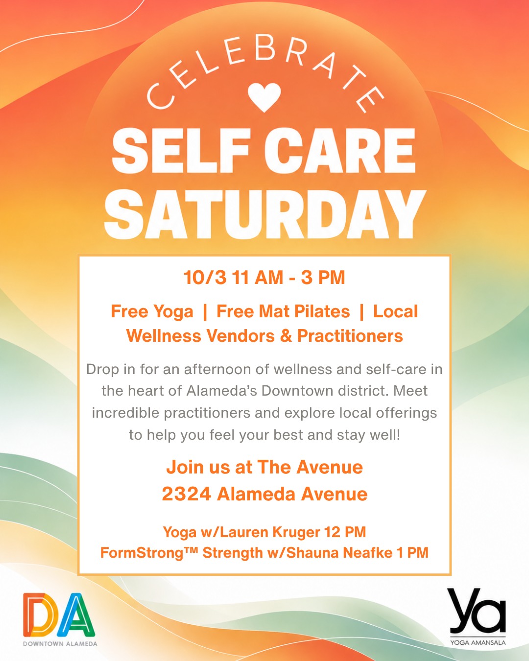 Super excited to bring back our second edition of Self Care Saturday - 10/3 11 AM - 3 PM!
What is Self Care Saturday? It's a chance to meet local wellness practitioners and vendors and learn tools to help you feel and stay well.
Join us for free yoga & mat Pilates classes! Meet amazing practitioners like Karen Beckles of @the_funky_truth, offering Reiki and more!
If you joined us for the first one, you know! This is an incredible opportunity to meet some skilled practitioners doing great work for the community.
Join us Sat. 10/3 11 am - 3 pm!
#bayareayogastudios #alamedaevent #yogaalameda #yogaamansalaalameda @downtownalameda