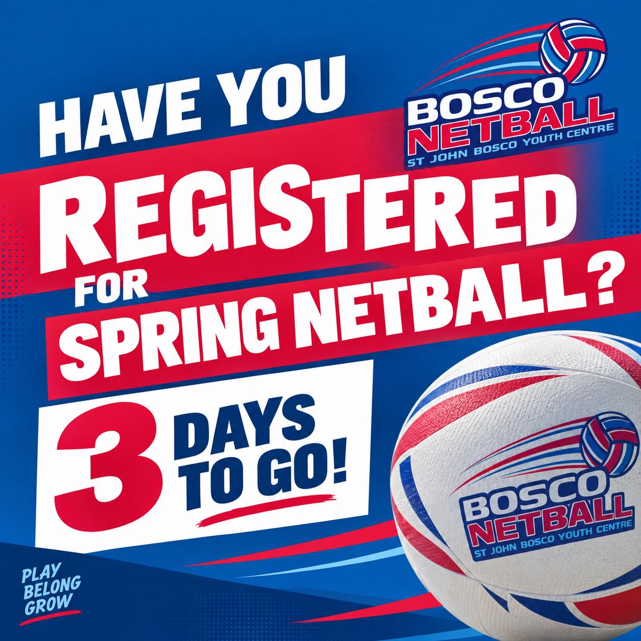 🌸🏐 HAVE YOU REGISTERED FOR SPRING NETBALL?
Only 3 days to go!
If you’ve got your team together, there are 2 simple steps to make sure your team is entered:
1️⃣ EMAIL YOUR TEAM LIST
📧 bosconetballregistrar@gmail.com
Send through your full team list so we can prepare the team sheets for SSNA.
2️⃣ ALL PLAYERS REGISTER
Every player in your team must register individually through PlayHQ:
👉 https://www.playhq.com/netball-australia/register/2a09c1
⏰ Registrations close 5pm on 26 September
🏐 Junior & Senior teams welcome
💰 $50 per player + weekly umpire fee
👕 Any uniform is fine – coordinating bibs required
📣 BYO umpire
Already have your team sorted? Don’t leave the registrations until the last minute! ❤️💙