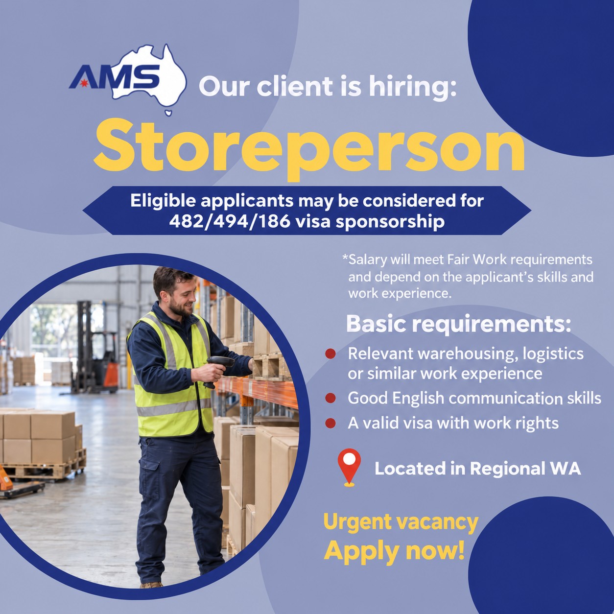 📣 NOW HIRING IN REGIONAL WA | Storeperson
An employer in regional Western Australia is currently looking for a reliable Storeperson to join their team.
If you are already based in the area or willing to relocate to regional WA, we welcome your application.
📍 Location: Regional Western Australia
💼 Position: Storeperson
🕒 Working hours and salary: To be confirmed with the employer during the interview
Requirements:
✅ Valid Australian work rights
✅ Good English communication skills
✅ Reliable, responsible and willing to learn
✅ Able to adapt quickly and follow workplace procedures
✅ Previous experience in warehousing, logistics, inventory control or a related industry is highly regarded
✅ Candidates without relevant experience may also be considered if they demonstrate a positive attitude and strong willingness to learn
✅ Currently based locally or willing to relocate to regional WA
Key duties may include:
▫️ Receiving, checking and organising incoming goods
▫️ Assisting with inventory control and order preparation
▫️ Sorting, packing and moving stock
▫️ Completing other general warehouse duties as required
The exact responsibilities will be confirmed based on the employer’s operational requirements.
This is a genuine vacancy based on the employer’s current staffing needs. AMS will conduct an initial assessment based on each applicant’s location, work rights, experience and overall suitability.
Interested applicants are welcome to send us a private message with:
Your current location
Your visa type and work rights
Your relevant work experience
Whether you are willing to relocate to regional WA
#NowHiring #StorepersonJobs #WarehouseJobs #WesternAustraliaJobs #RegionalWA #WAJobs #LogisticsJobs #InventoryJobs #JobsInAustralia #AustralianJobs #RegionalJobs #JobOpportunity #HiringNow #AustraliaMigrationServices