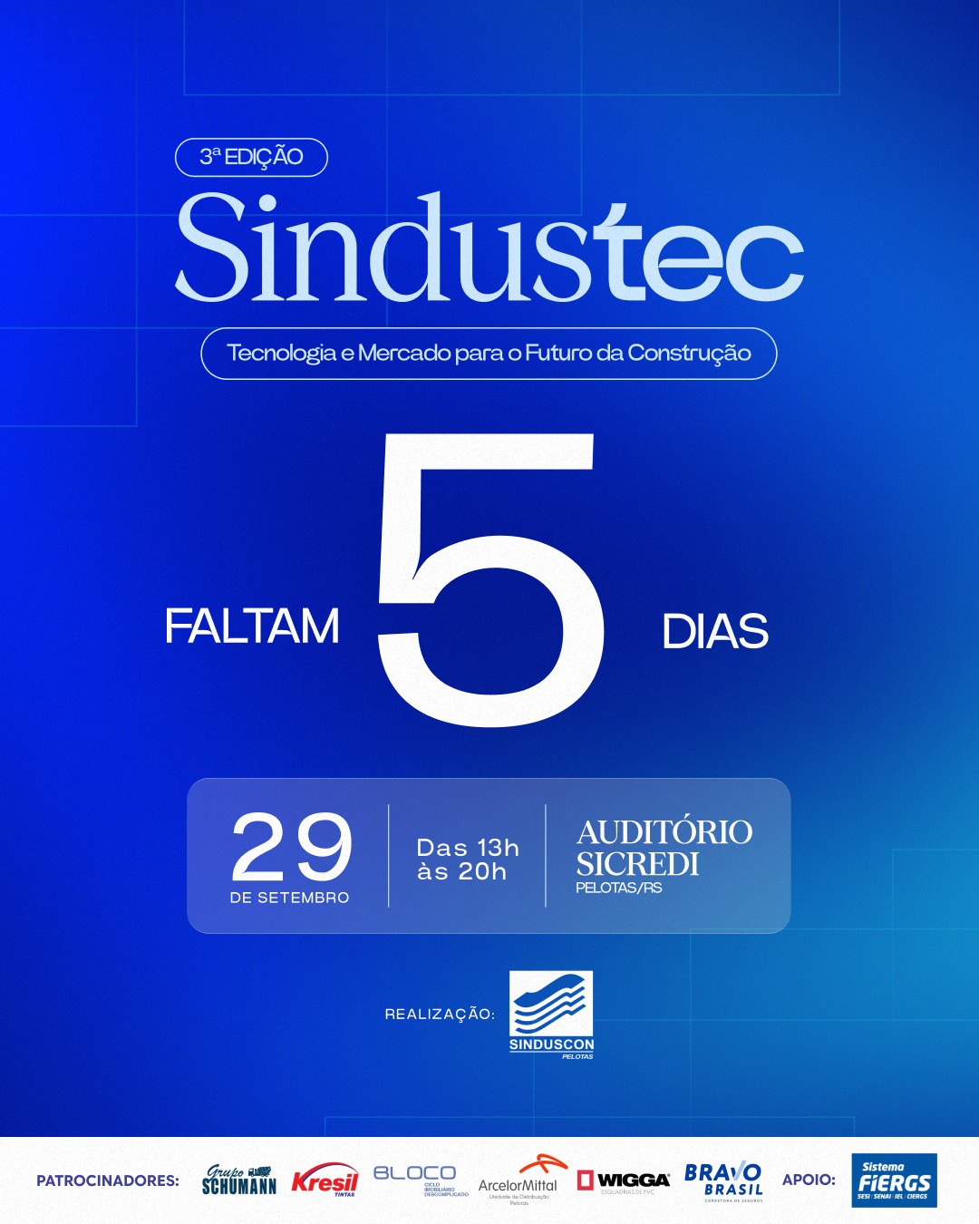 O III SINDUSTEC acontece no dia 29 — e a programação está montada para quem não quer ficar para trás.
Thiago Ferreira, da Ramboll, abre o evento falando sobre resiliência climática e cases mundiais.
Jonatha Baptista, apresenta aplicações práticas da inteligência artificial na construção civil.
Gustavo Zanotto, palestra para quem quer entender onde o mercado está indo, antes que os outros percebam.
Mais 2 painéis com especialistas.
Coffee break.
Networking com 350 profissionais do setor.
29 de setembro · 13h · Auditório Sicredi · Pelotas.
Garanta a tua vaga — o link está na bio.