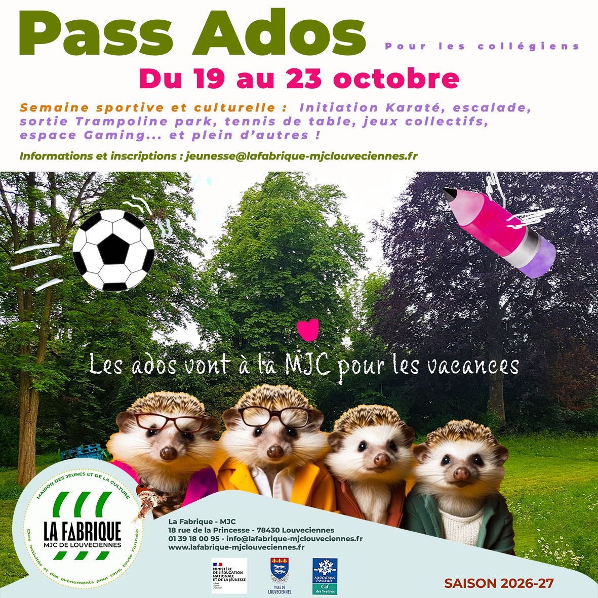 🎨 VACANCES D'OCTOBRE ADOS ⚽🏸
Comme chaque année, retrouvez la Semaine Sportive et Culturelle de la Toussaint coordonnée avec la ville de Louveciennes, Louv'Science et l'Association Sportive de Louveciennes.
De nombreux sports, activités culturelles, et scientifiques sont à découvrir, ponctué par un grand jeu et une sortie dans un parc à trampolines !
Inscriptions ici : https://lafabriquemjc.goasso.org/ (PASS ADOS OCTOBRE)