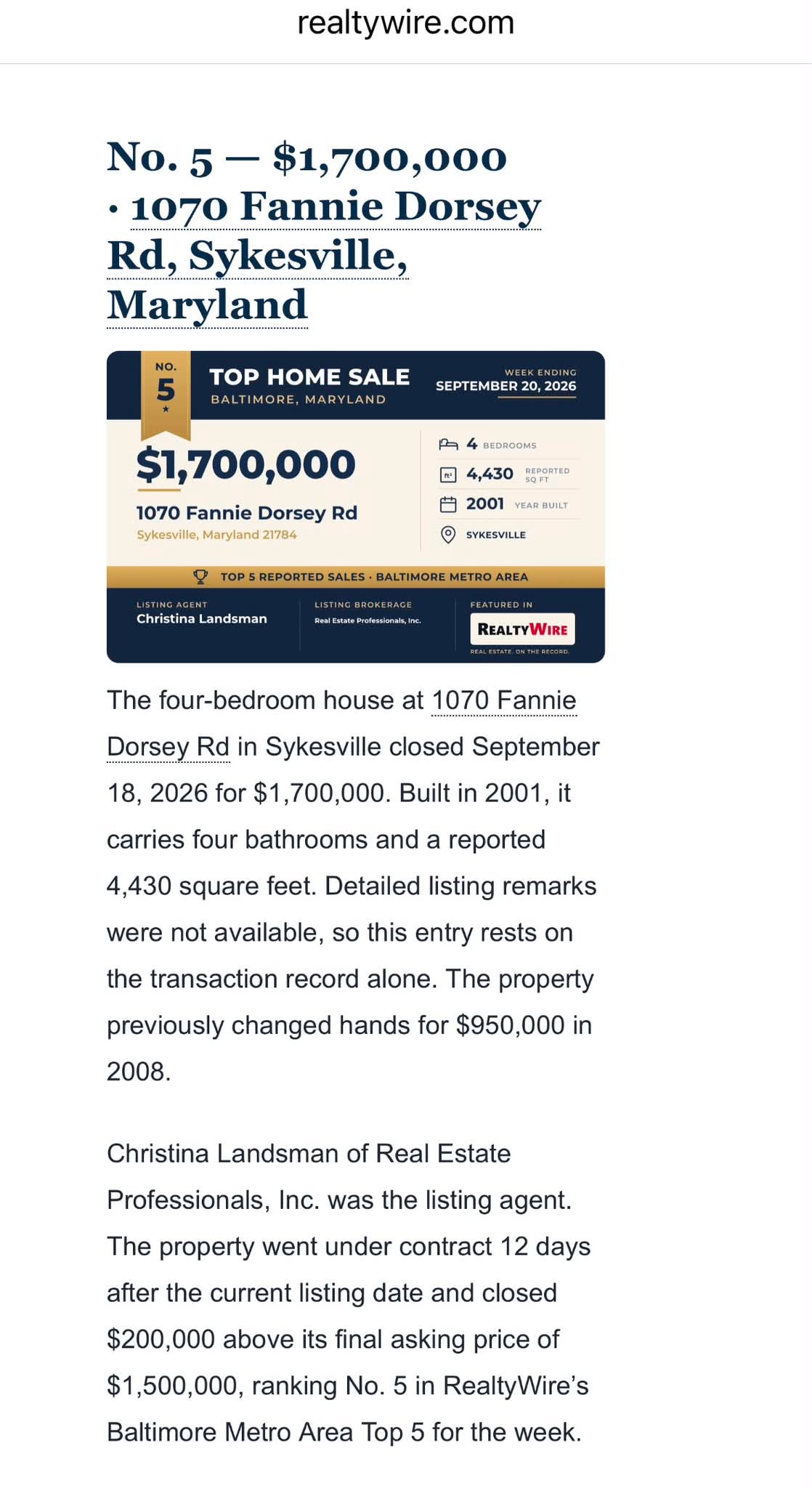 Well this is fun! Last week one of my sold listings was top 5 for the entire Baltimore Metro Area! Proud of this new career high of $1.7m - $200k above list! (And we took 12 days to go under contract only because it was THAT. MUCH in negotiation to get inspections waived, hundreds of thousands in appraisal gap coverage, and hundreds of thousands above list price with multiple offers 😮💨