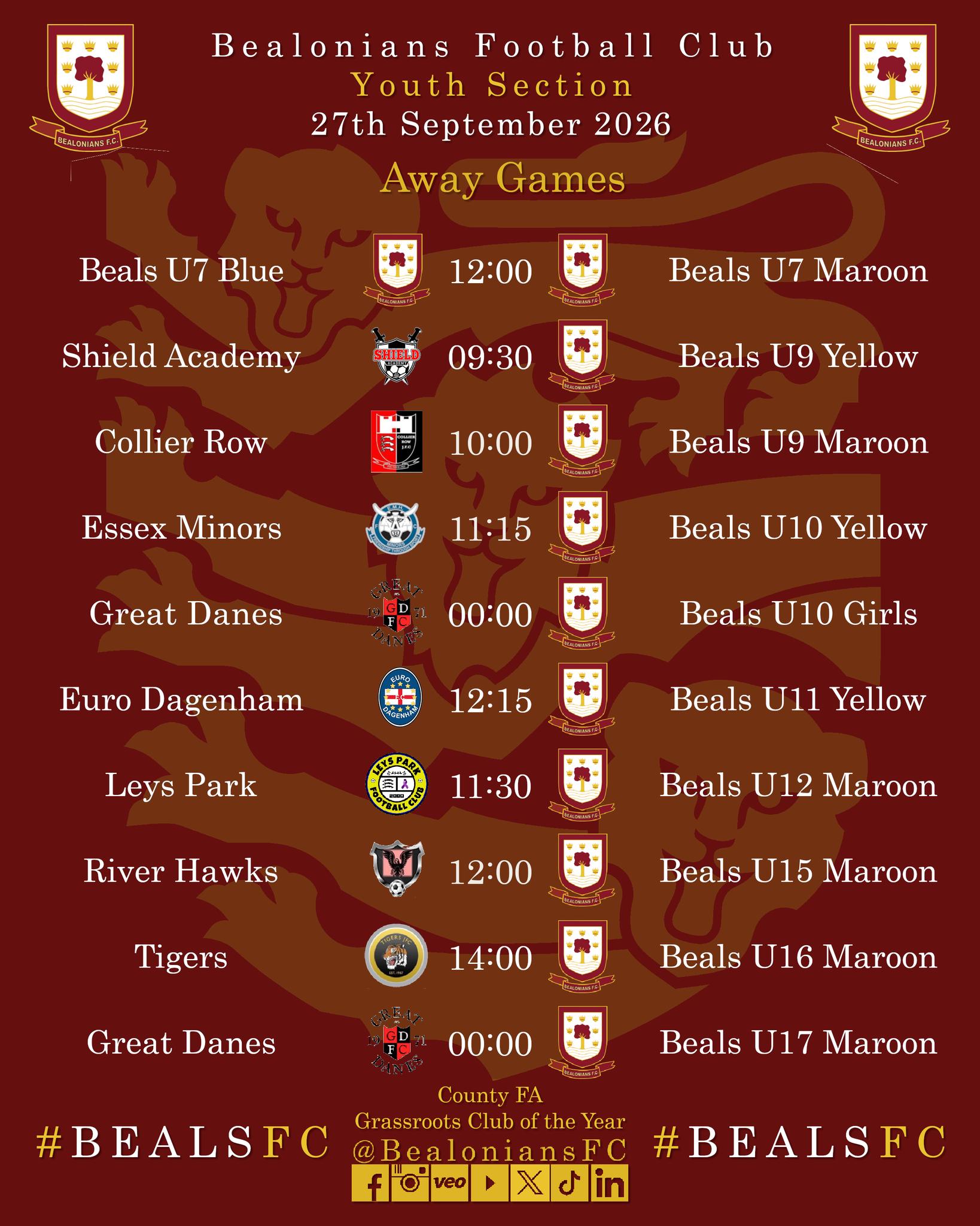 #BealsFC Youth section fixtures on the road this weekend.
-
#Footballforall #WeOnlyDoPositive #GrassrootsFootball #YouthFootball