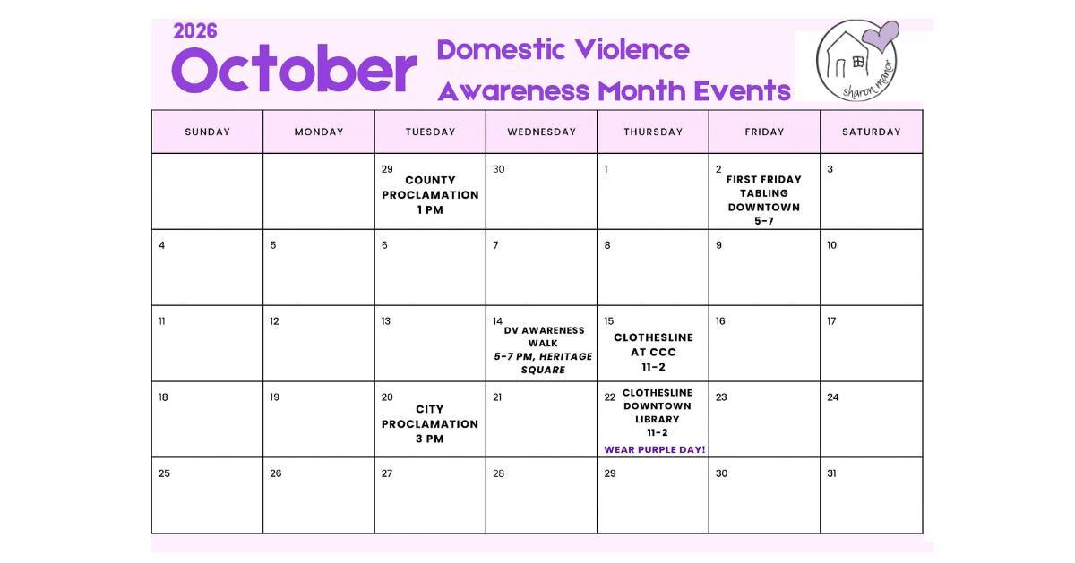 💜 October is Domestic Violence Awareness Month.
Please join us this month in spreading awareness, showing support, and standing with survivors of domestic violence. There are lots of ways to get involved:
🎨 Oct. 2 | 5–7 PM
First Friday ArtWalk — Stop by our Sharon Manor table downtown
💜 Oct. 14 | 5–7 PM
Domestic Violence Awareness Walk — Meet at Heritage Square
👕 Oct. 15 | 11 AM–2 PM
Clothesline Awareness Display — Coconino Community College, Lone Tree Campus
💜 Oct. 22 | Wear Purple Day
Wear purple, share your photo, and tag Sharon Manor and other local organizations working to support and empower survivors.
👕 Oct. 22 | 11 AM–2 PM
Clothesline Awareness Display — Downtown Flagstaff Library
Pick one thing to say yes to, and show up alongside our Sharon Manor team this Domestic Violence Awareness Month. 💜
Not familiar with our Sharon Manor program? Since 1999, Sharon Manor has provided affordable transitional apartments, with access to trauma-informed case management and support groups for survivors of domestic violence experiencing homelessness.