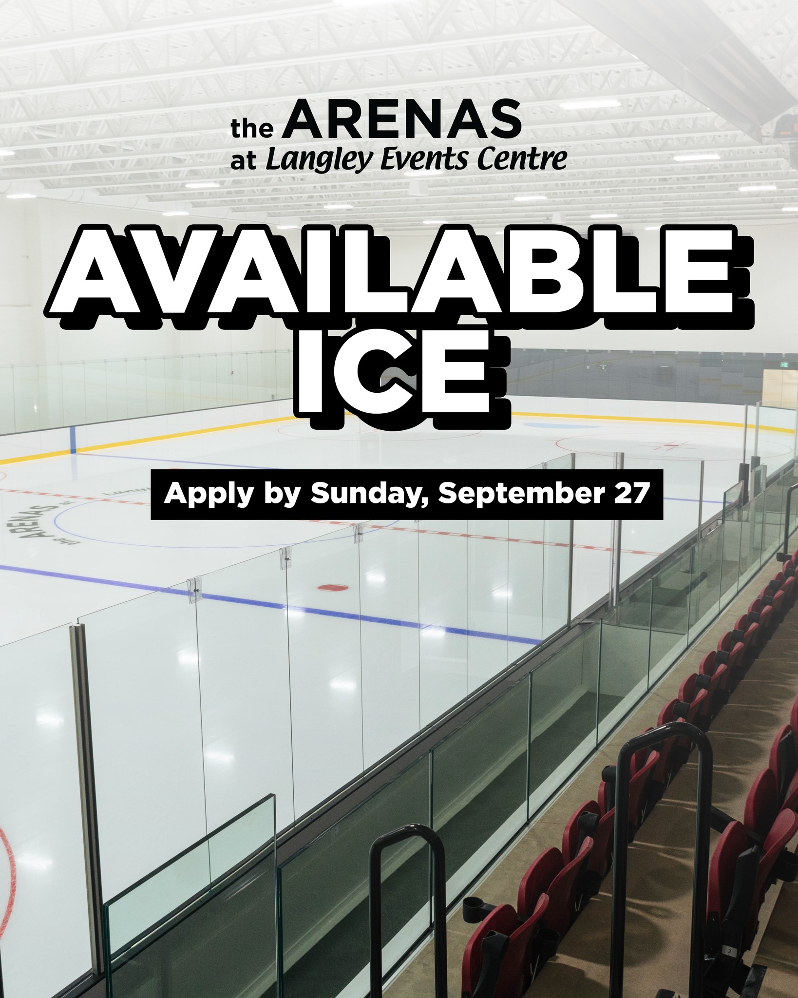 Applications are now being accepted for available ice time at the ARENAS at Langley Events Centre. Deadline to apply is end of the day September 27.
Link in bio with availability and to apply.