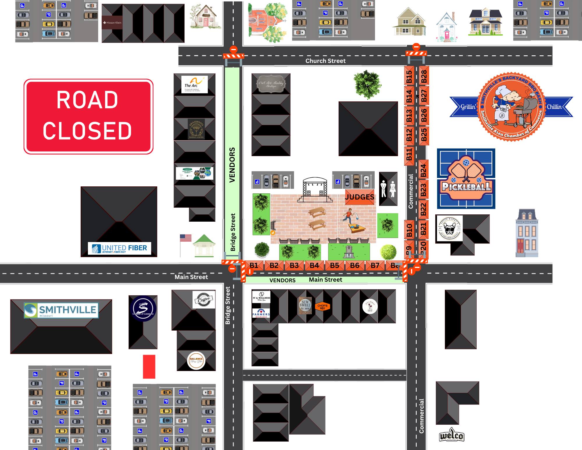 🚧 Downtown road closures for Saturday’s BBQ Bash and Main Street District Market
The streets surrounding the Downtown Courtyard will be closed to traffic Saturday, September 26, from approximately 7 a.m. to 7 p.m. This includes the sections of Main Street, Bridge Street, and Commercial Street.
Please use the map to plan your route and follow posted barricades. Nearby businesses and the rest of downtown will still be open, so come spend the day with us! 🍖🛍️
Thank you for your patience as we make room for the Smithville Backyard BBQ Bash and Main Street District Market.
