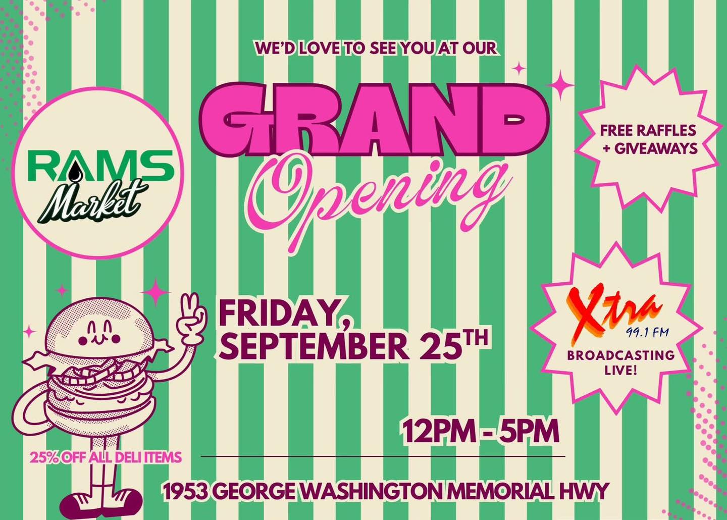 🎉 GLOUCESTER, TOMORROW IS THE BIG DAY! 🎉
Join Rams Market from 12–5 PM for their Grand Opening Celebration! We can’t wait to see you all there! 💕
⛽ Discounted Fuel 🌭 FREE Hamburgers & Hot Dogs 🥪 25% Off Deli 📻 Xtra 99.1 FM WXGM LIVE Broadcasting 🎟️ FREE Raffle Entries ✂️ Ribbon Cutting Ceremony
Bring your friends and family, tell a friend to tell a friend, and come celebrate with us! 🎉
Check out some of the amazing prizes you could win! 🎁
We’ll see you TOMORROW! ❤️