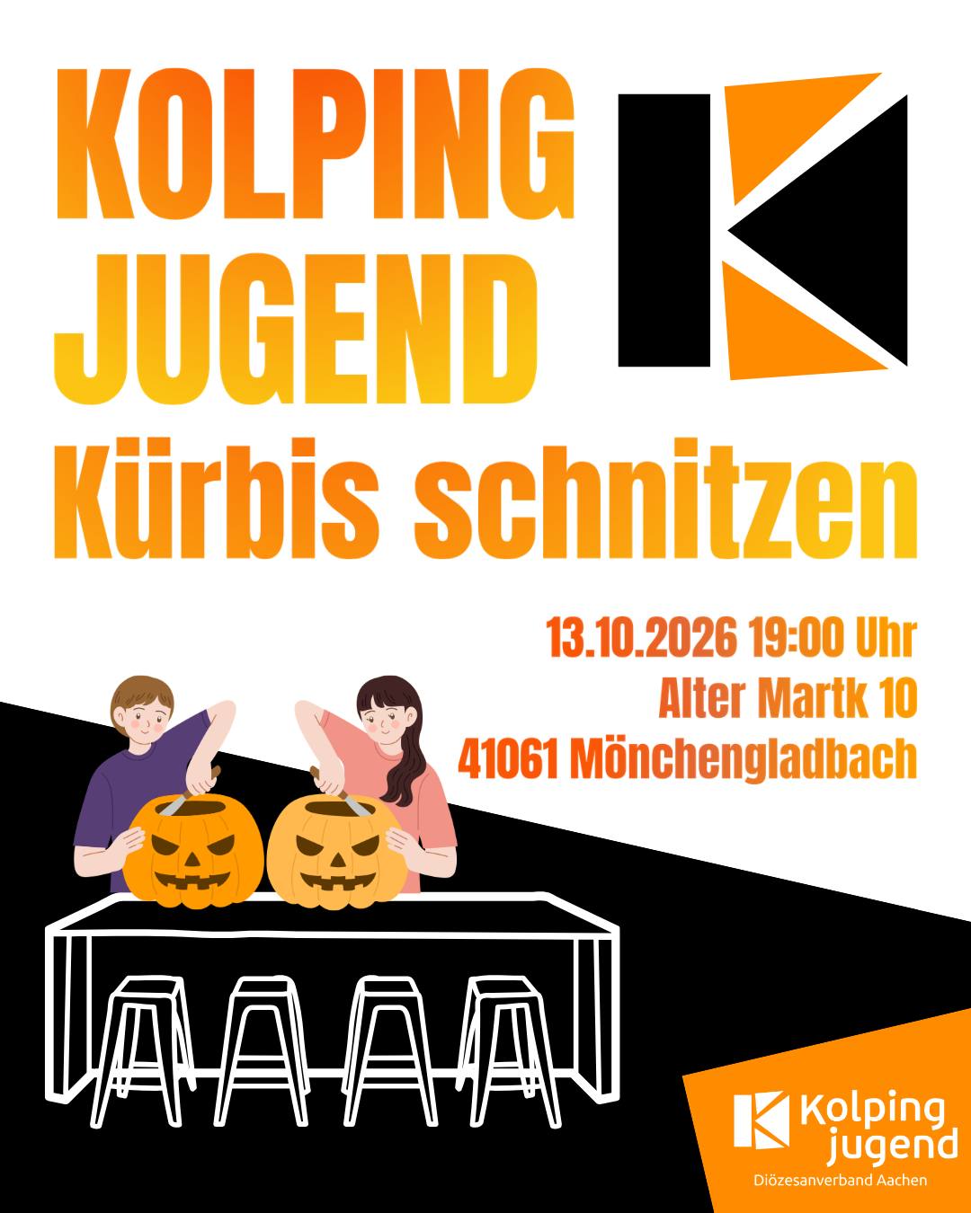 Es wird Zeit den Herbst einzuläuten! 🍁
Bei unserem nächsten Stammtisch am 13.10.2026 um 19 Uhr habt ihr die Möglichkeit gemeinsam Kürbisse zu schnitzen. 🎃
In einer entspannten Runde kreativ werden, quatschen und einen schönen Abend genießen.
Wenn du Lust hast, komm gerne vorbei. Wir freuen uns auf dich! 🧡