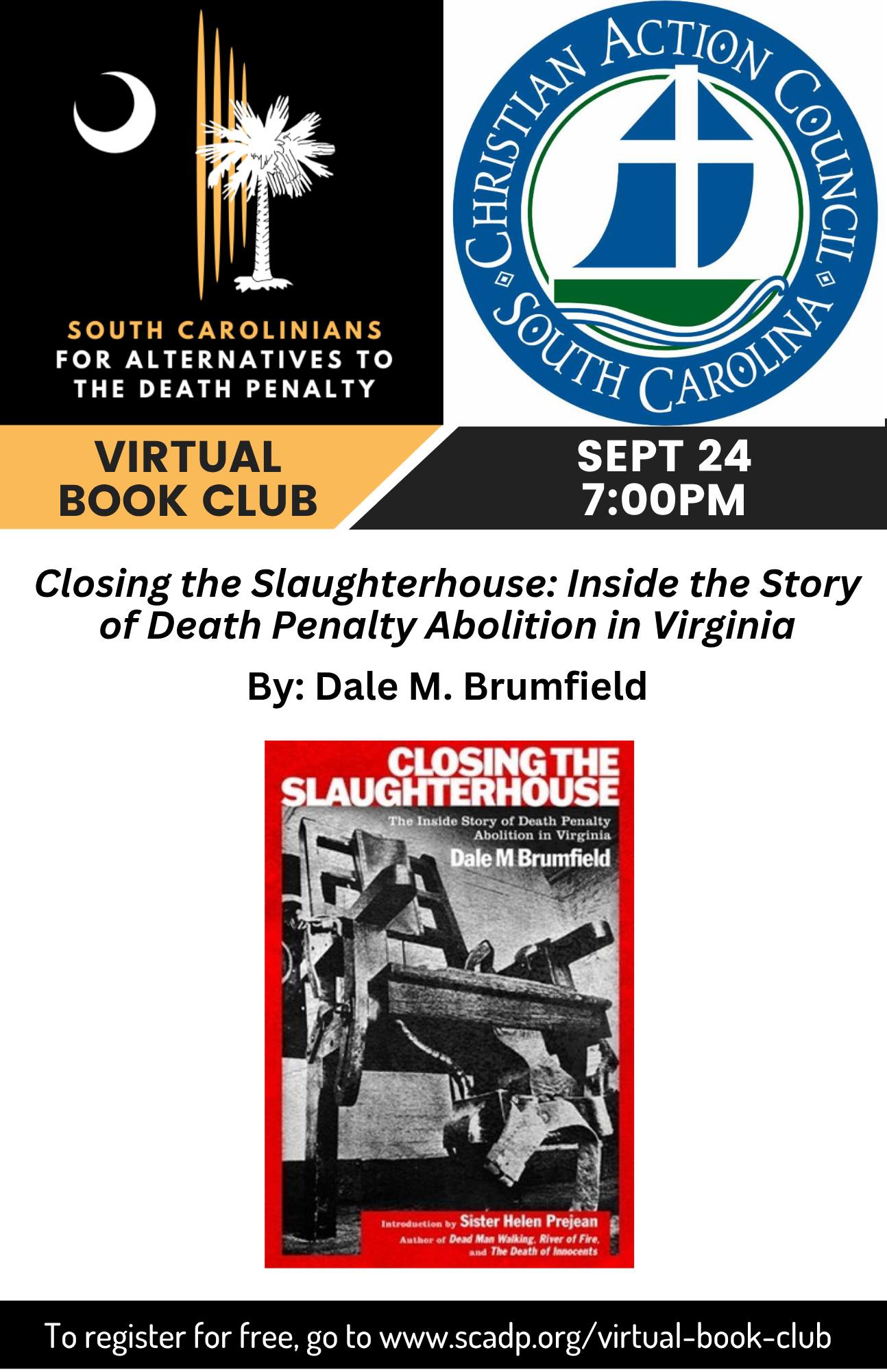 See you tonight at 7pm ET for our Virtual Book Club! Bring your favorite beverage as we discuss Closing the Slaughterhouse: The Inside Story of Death Penalty Abolition in Virginia by Dale Brumfield. Dale will be joining us for the meeting, so come with all of your questions! Go to the link and register for free!