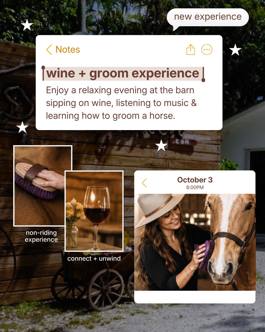 Wine, horses, and a little time to unwind. ๐ท๐ด
๐๐ฐ๐ฎ๐ฎ๐ฆ๐ฏ๐ต ๐๐๐๐๐ ๐ข๐ฏ๐ฅ ๐ธ๐ฆ'๐ญ๐ญ ๐๐ ๐บ๐ฐ๐ถ ๐ต๐ฉ๐ฆ ๐ณ๐ฆ๐จ๐ช๐ด๐ต๐ณ๐ข๐ต๐ช๐ฐ๐ฏ ๐ญ๐ช๐ฏ๐ฌ
Join us at Davie Ranch for Wine & Groom, a guided evening of hands-on horse grooming, music, photos, and wine in the barn. No horse experience needed, and no riding involved. Perfect for date night or a night out with friends!
$55 per person | 1 hour 15 minutes | Ages 21+
Wear closed-toe shoes.
๐๐ฐ๐ฎ๐ฎ๐ฆ๐ฏ๐ต ๐๐๐๐๐ ๐ข๐ฏ๐ฅ ๐ธ๐ฆ'๐ญ๐ญ ๐๐ ๐บ๐ฐ๐ถ ๐ต๐ฉ๐ฆ ๐ณ๐ฆ๐จ๐ช๐ด๐ต๐ณ๐ข๐ต๐ช๐ฐ๐ฏ ๐ญ๐ช๐ฏ๐ฌ
#davie
Wellness and lifestyle events in South Florida combining nature, animals, and community in a one-of-a-kind ranch environment.