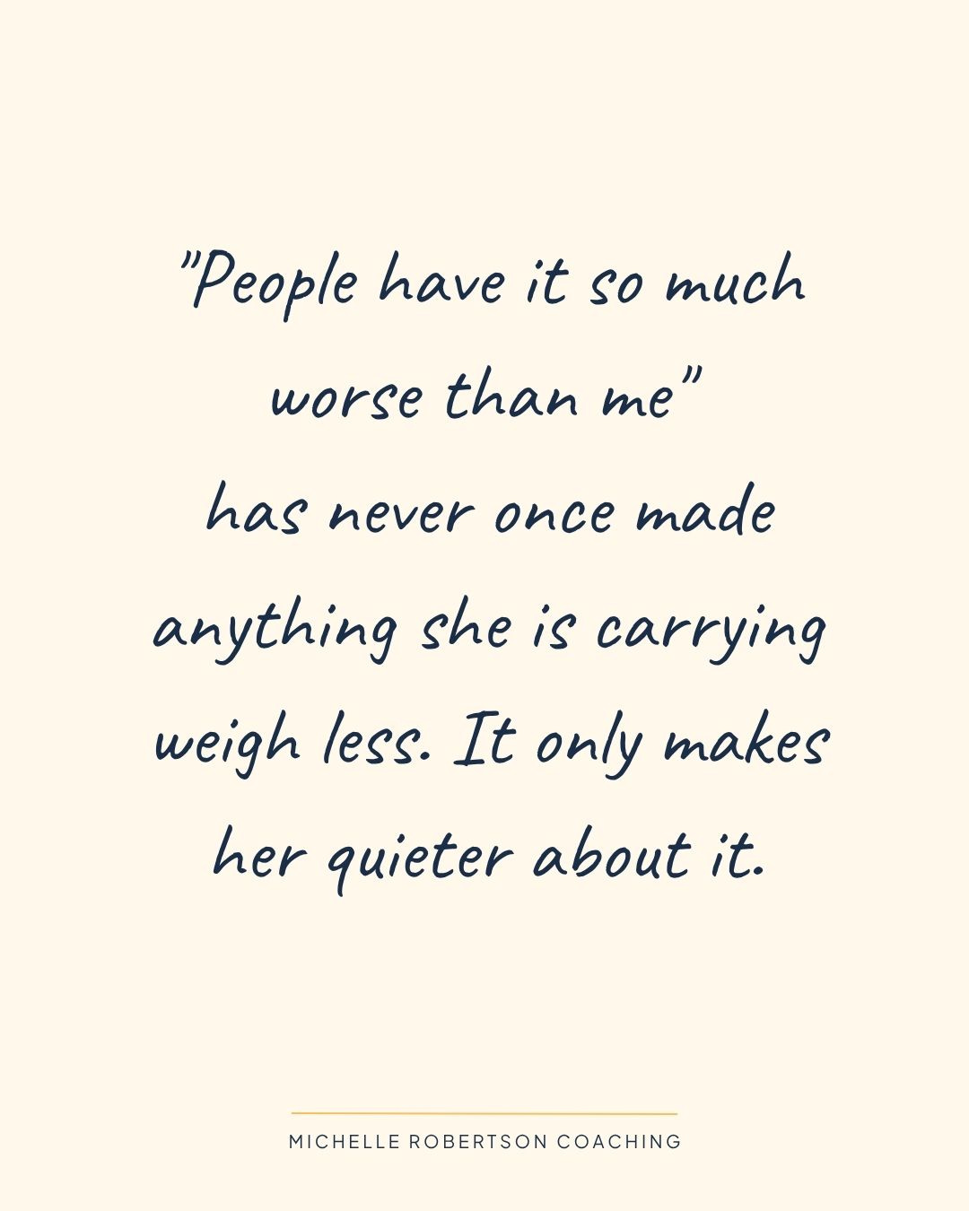 I hear "I should be grateful for what I have" from women who are struggling with something real. The first part is always true. We should be grateful. But why does that disqualify us from wanting to fix what's broken?
Who has it worse. Who needs it more. Whether it's even worth bringing up. She's run that calculation for so long she doesn't notice anymore. She always comes out last.
Every one of these comes with a good reason attached. That's what makes them so hard to catch.
Send this to somebody who could use permission to stop going last.