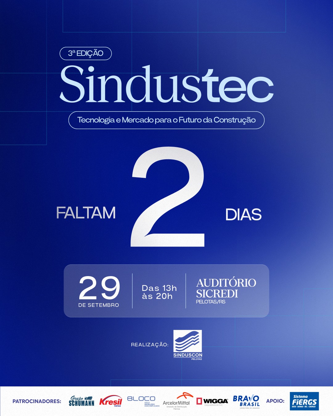Na Terça-feira, a partir das 13h, o Auditório Sicredi recebe o III SINDUSTEC.
Thiago Ferreira, Jonatha Baptista e Gustavo Zanotto no mesmo palco.
Painéis com especialistas do setor. 350 participantes.
7 horas de conteúdo que o mercado vai estar discutindo na semana seguinte.
Você vai querer ter estado lá.
29 de setembro · 13h · Auditório Sicredi · Pelotas.
Garanta agora — link na bio.