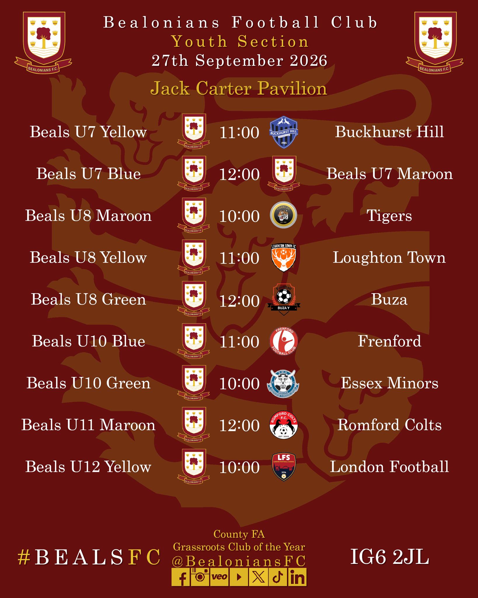 #BealsFC Youth section fixtures at Jack Carter Pavilion this weekend.
-
#Footballforall #WeOnlyDoPositive #GrassrootsFootball #YouthFootball