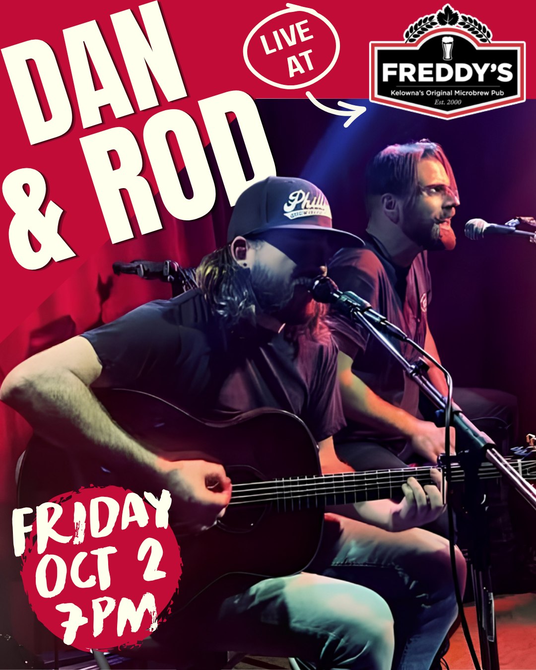 FRIDAY NIGHT - 7PM 🤘🎸 Freddy's welcomes back Dan & Rod, a high energy acoustic duo guaranteed to rock your socks off!
Start your weekend off right on Friday, October 2nd at Freddy's Brewpub. Show starts at 7pm. No tickets or cover fee so make sure you book a reservation to secure your table!
#livemusickelowna #kelownamusic #kelownaevents #livemusic #livemusicvenue