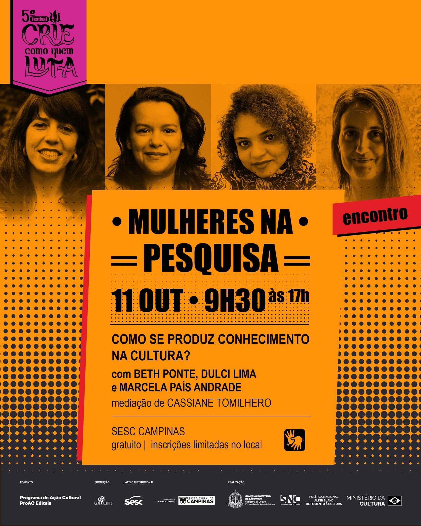 Neste encontro, vamos reunir pesquisadoras e gestoras culturais para compartilhar investigações, experiências e reflexões sobre a produção de conhecimento no campo da cultura.
Com participação de Beth Ponte, Dulci Lima e Marcela País Andrade, e mediação de Cassiane Tomilhero, a atividade convida o público a pensar junto sobre os caminhos da pesquisa, a presença das mulheres nesse campo e a importância de ampliar vozes, perspectivas e narrativas.
🎟️ Gratuito, com inscrições no local, 30 minutos antes da atividade.
👥 Classificação indicativa: 16 anos.
👋 Acessibilidade: Libras.
Um espaço de troca, escuta e conversa para quem pesquisa, trabalha com cultura ou simplesmente tem curiosidade sobre os processos que ajudam a construir o pensamento cultural contemporâneo. Vem com a gente!