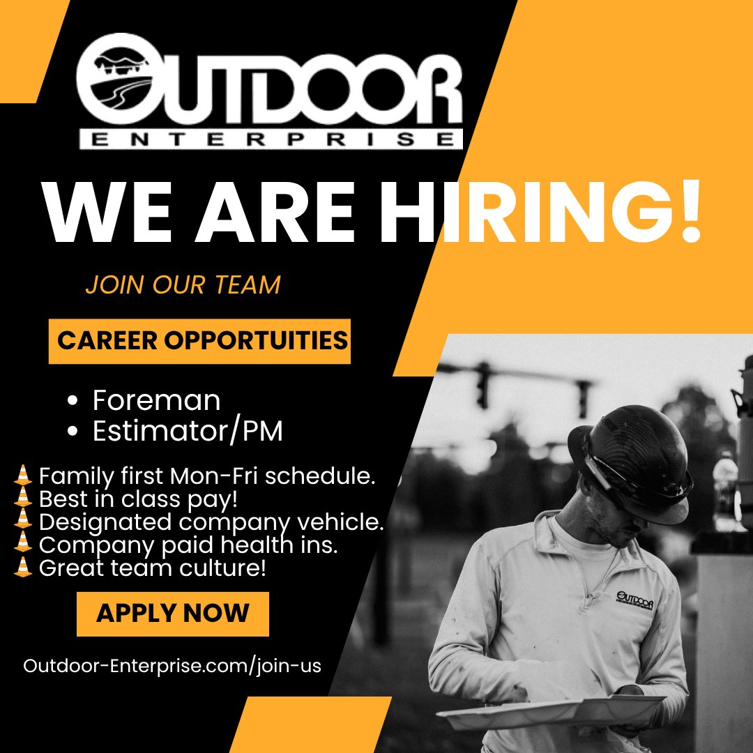 https://www.outdoor-enterprise.com/join-us
We have great local career opportunities in Construction Management. Check out our site to learn more!
#Ohiojobs #ConstructionJobs #constructionmanagement #civilconstruction #troyohio #TeamOutdoor #OhioConstruction #bluecollarcareers #Construction #werehiring